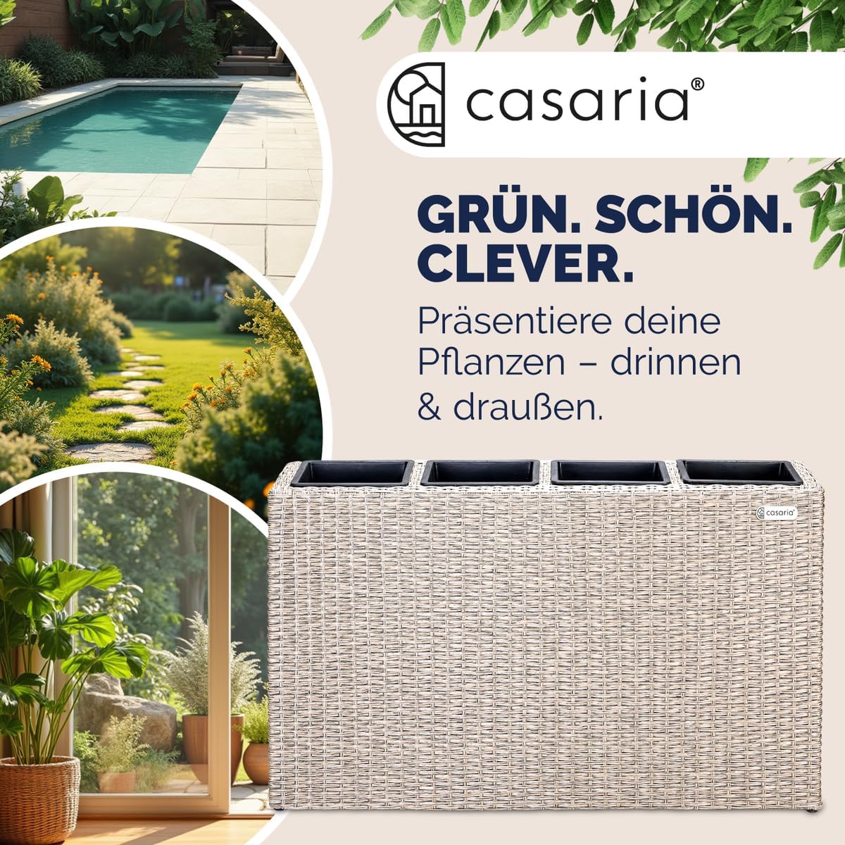 Casaria® Blumenkasten 4 Innentöpfe Polyrattan Herausnehmbar Wasserablauf Outdoor Rechteckig Pflanzkasten Blumentopf Hochbeet Pflanzkübel Creme — Ansicht 4