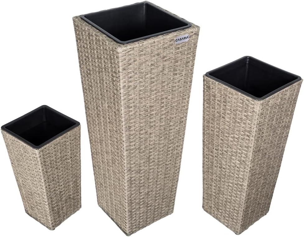 Casaria® Blumentopf 3er Set Polyrattangeflecht Übertopf Wasserabfluss Rattanoptik Outdoor Pflanzkübel Blumenkasten Creme — Ansicht 3