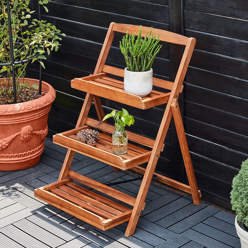 Casaria® Blumentreppe 80x60x56cm FSC®-zertifiziert Akazie 3stufig Massiv Garten Balkon Pflanzentreppe Blumenregal Blumenleiter Regal Holz Braun — Ansicht 3
