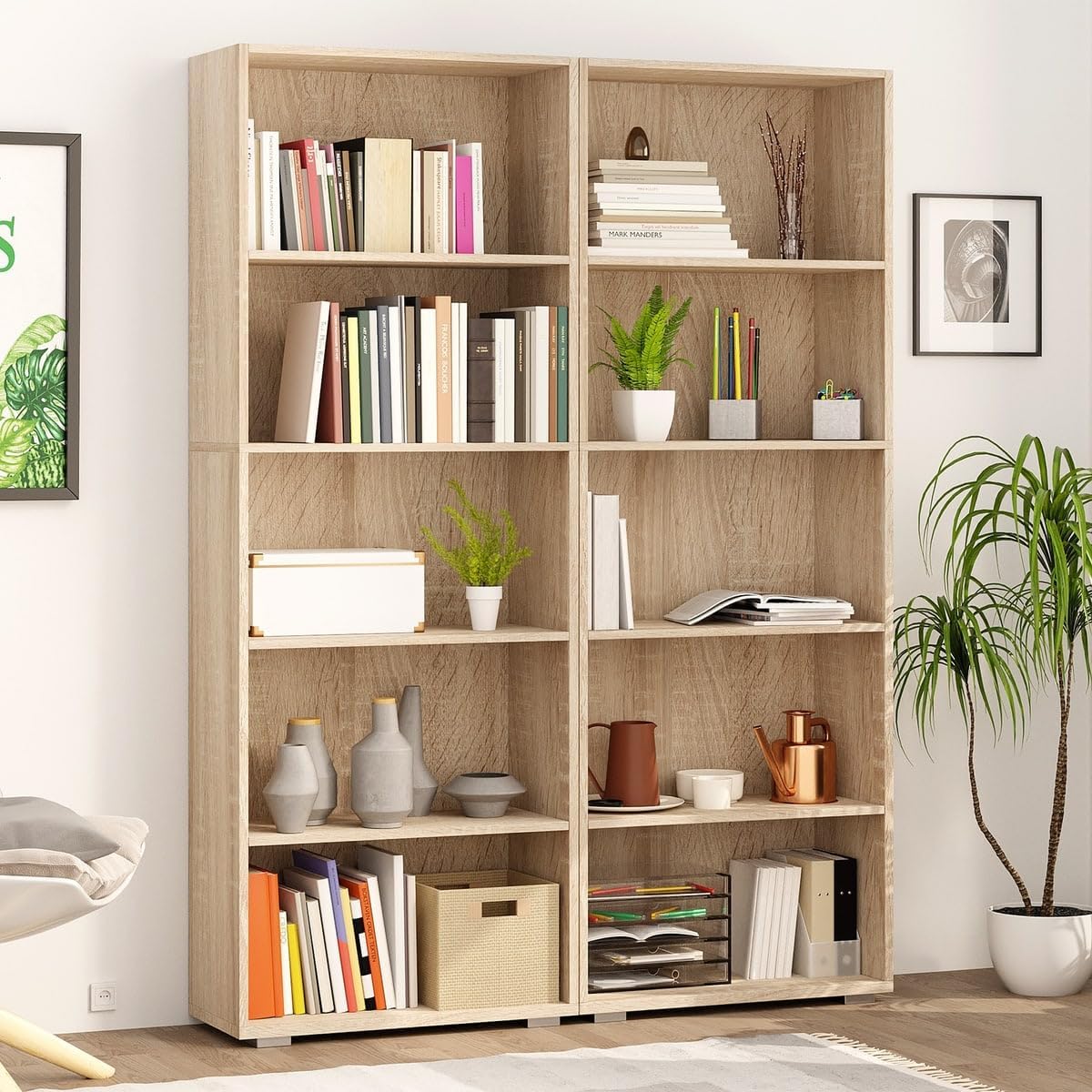 Casaria® Bücherregal 5 Fächer 190x60x28cm Höhenverstellbare Böden Holz Offen Modern Stehend Arbeitszimmer Büro Wohnzimmer Standregal Regal Vela Eiche — Ansicht 2