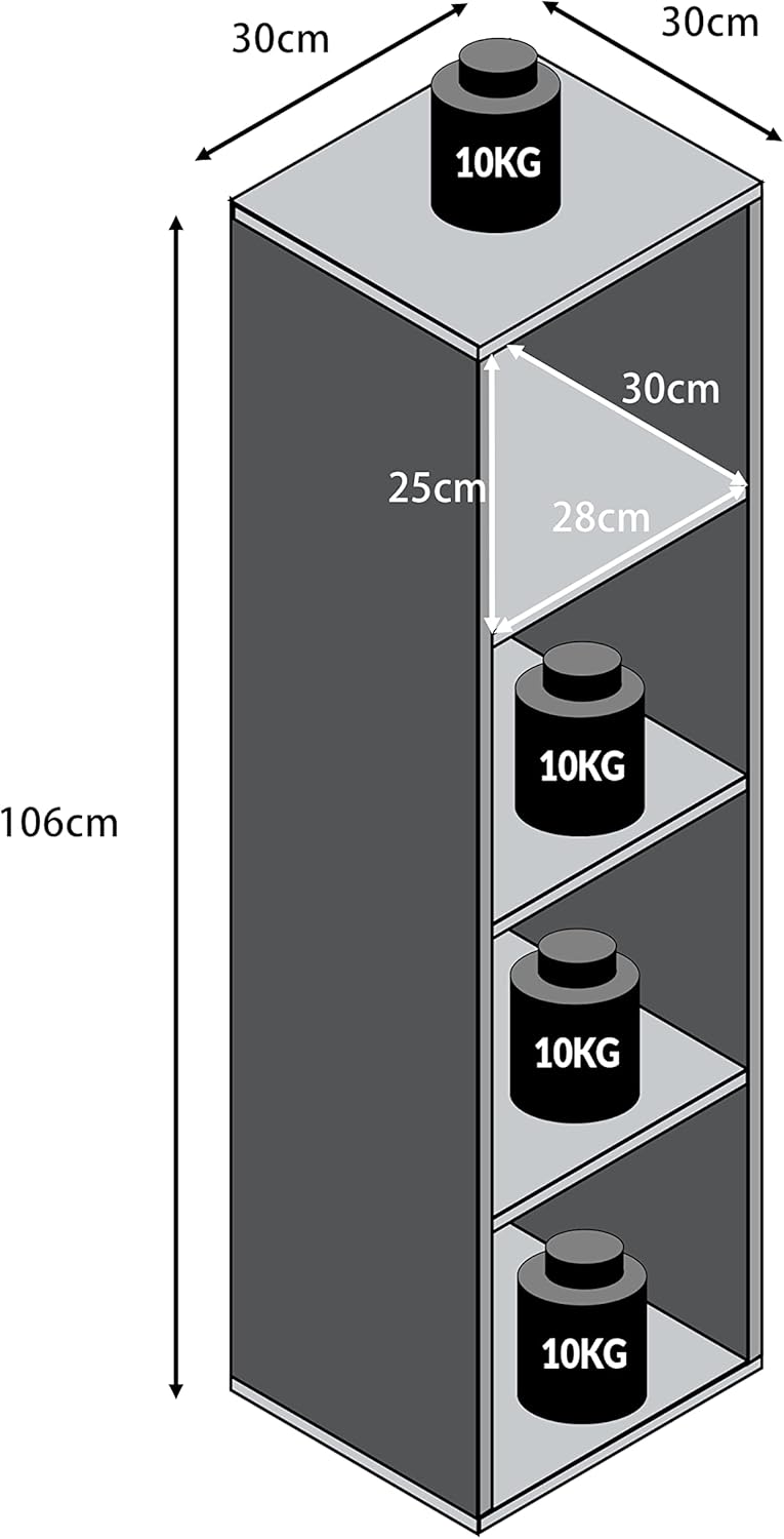 Casaria® Bücherregal mit 4 Fächer 106x30x30cm Kippschutz Bodenschoner 40kg Belastbarkeit Wohnzimmer Schlafzimmer Büro Regal Standregal Würfelregal Weiß — Ansicht 3