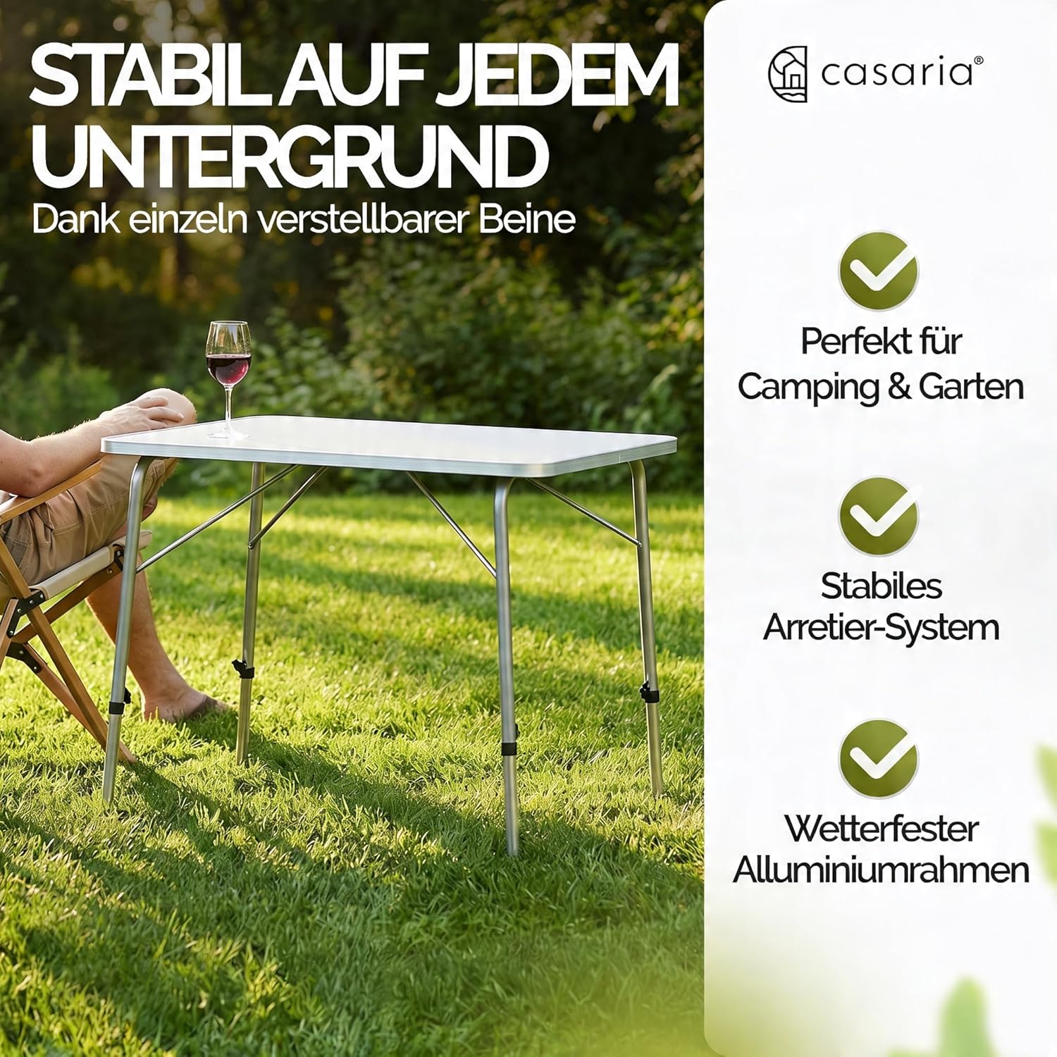 Casaria® Campingtisch Klappbar Klapptisch Beine Höhenverstellbar 80x55cm Alu Tisch faltbar Weiß Holz Abgerundete Kanten Garten Balkon Picknick — Ansicht 4
