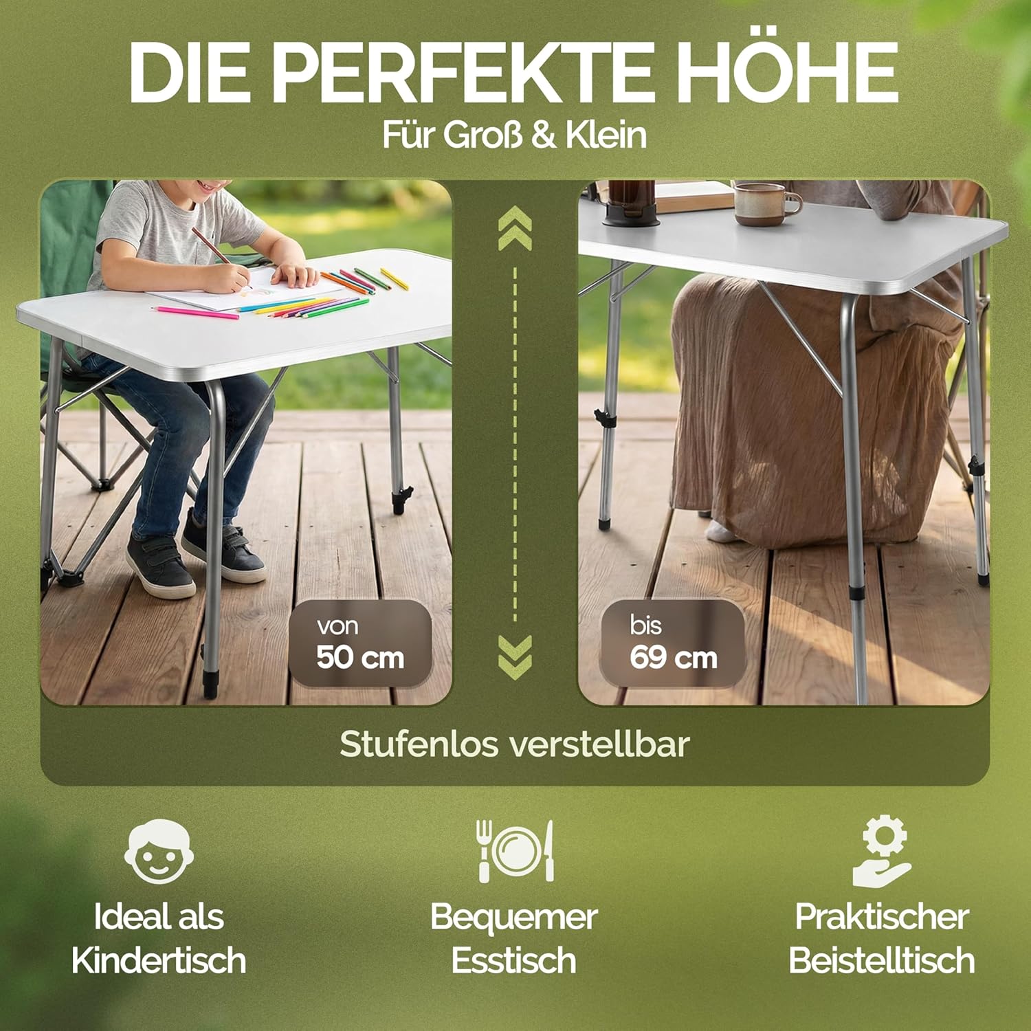 Casaria® Campingtisch Klappbar Klapptisch Beine Höhenverstellbar 80x55cm Alu Tisch faltbar Weiß Holz Abgerundete Kanten Garten Balkon Picknick — Ansicht 5