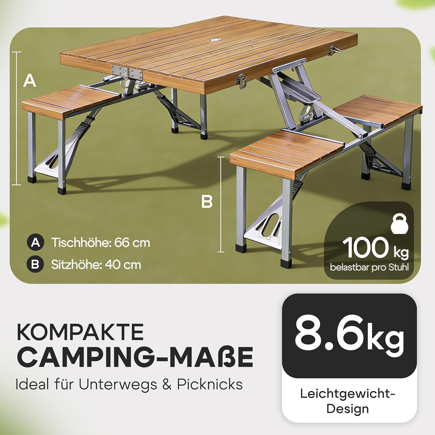 Casaria® Campingtisch mit Stühlen Klappbar Tragegriff Schirmhalter 4 Personen Picknicktisch Koffertisch Klapptisch Campingmöbel Set Leicht Holz — Ansicht 2