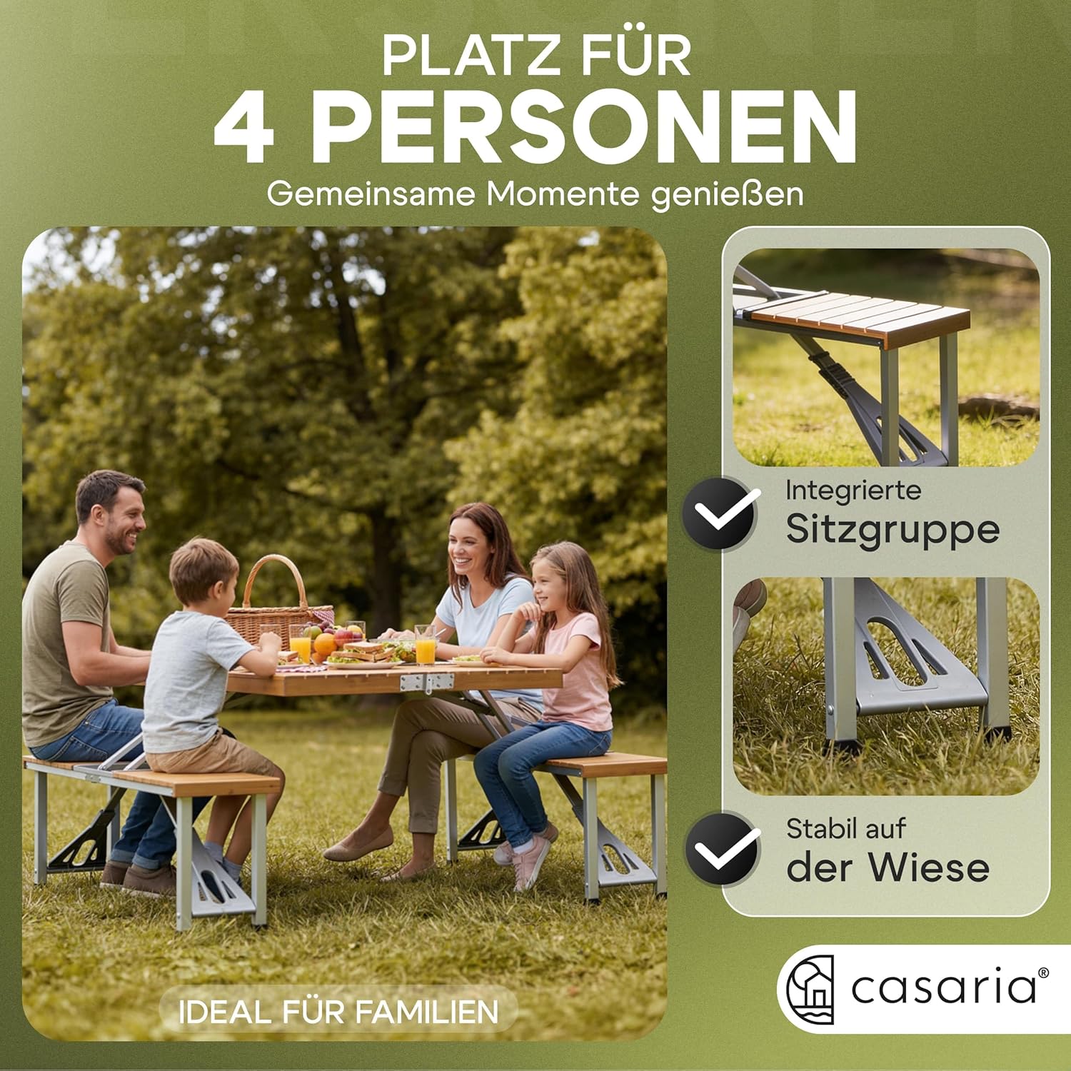 Casaria® Campingtisch mit Stühlen Klappbar Tragegriff Schirmhalter 4 Personen Picknicktisch Koffertisch Klapptisch Campingmöbel Set Leicht Holz — Ansicht 5