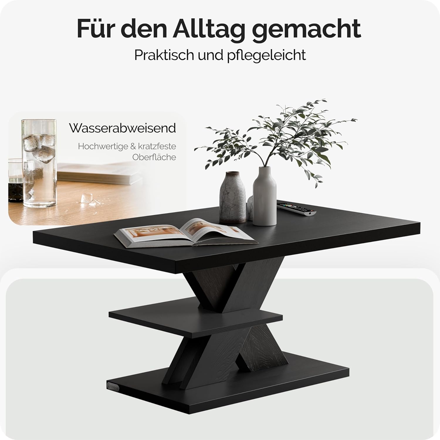 Casaria® Couchtisch Schwarz Holz Stauraum Ablage Kratzfest Modern Rechteckig 50kg Belastbar Beistelltisch Wohnzimmer Couch Sofa Tisch Detroit 90x60cm — Ansicht 4