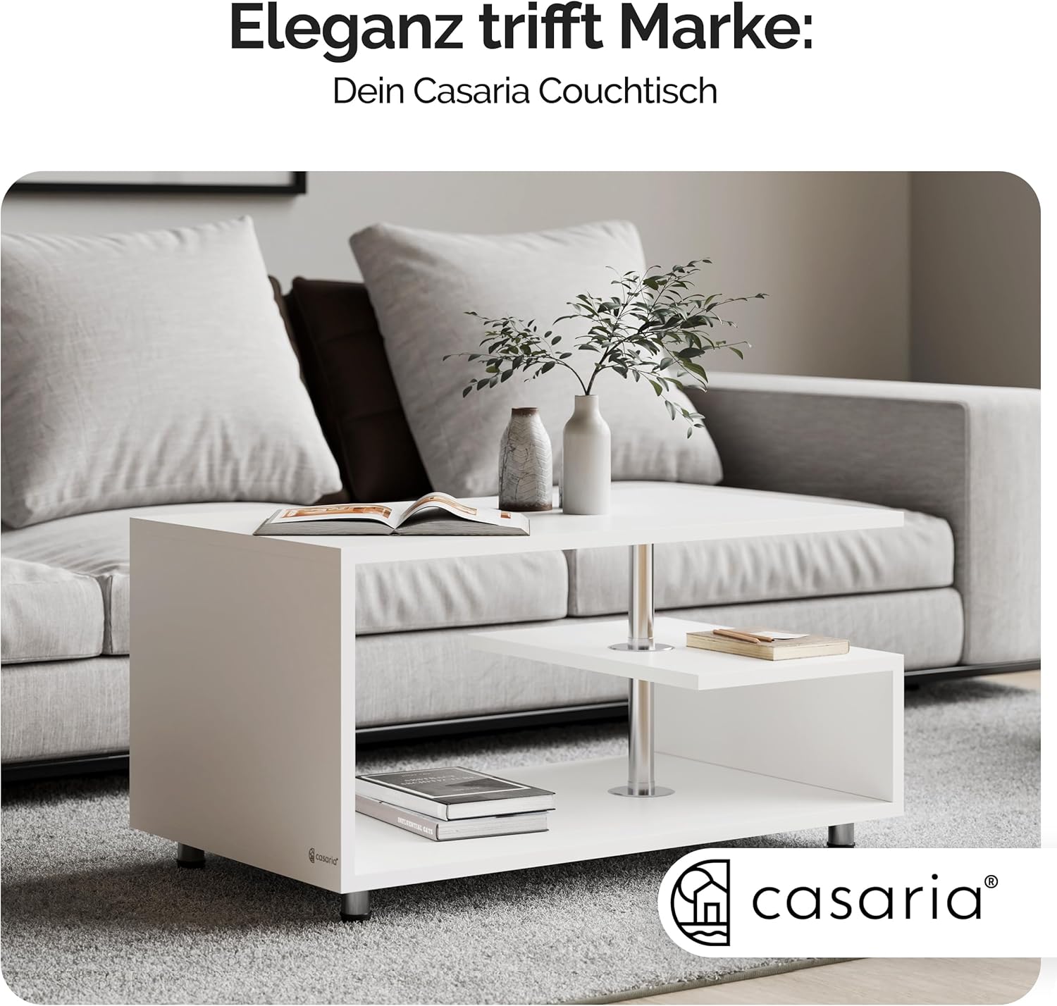 Casaria® Couchtisch Weiß Holz mit Stauraum 95x55cm Edelstahl Füße Höhenverstellbar Ablage Modern Rechteckig Beistelltisch Wohnzimmer Couch Sofa Tisch — Ansicht 2