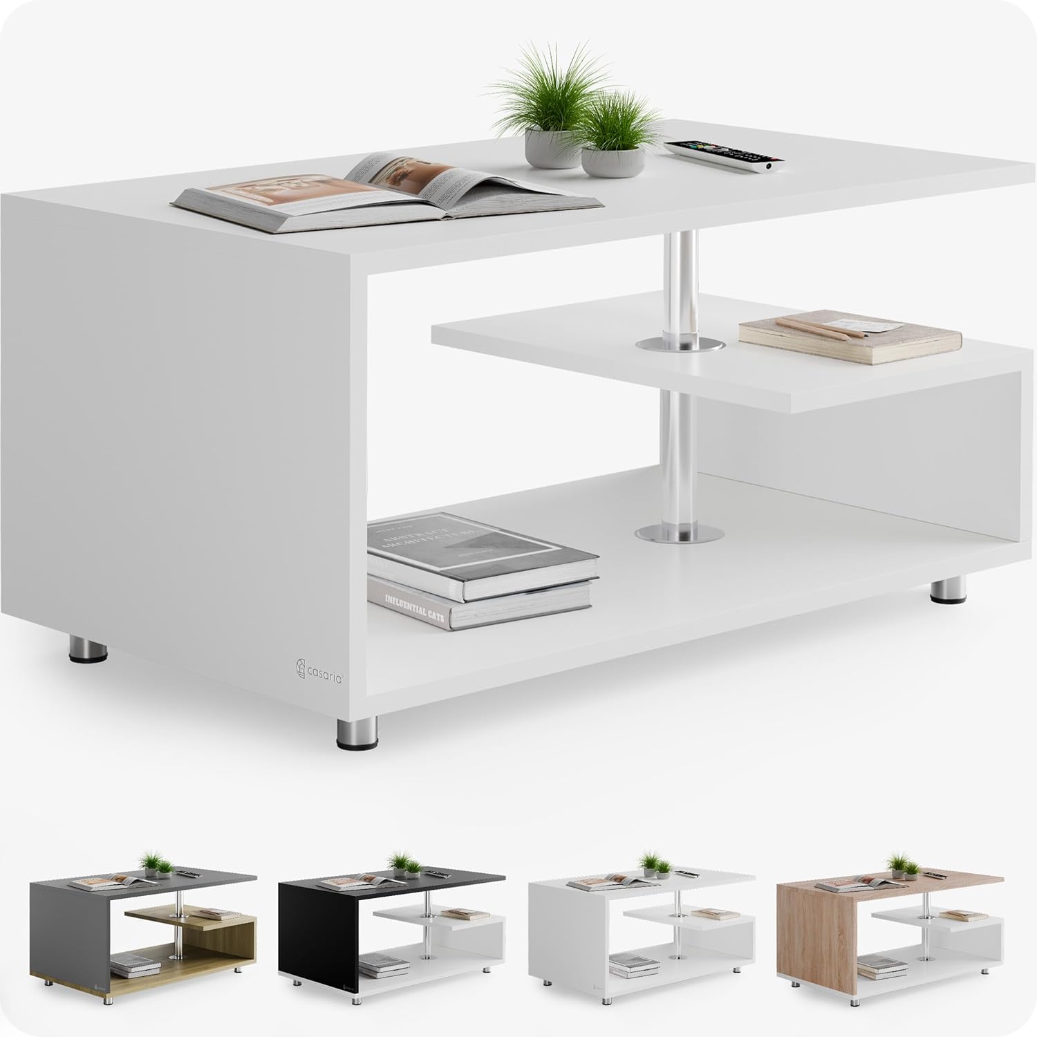 Casaria® Couchtisch Weiß Holz mit Stauraum 95x55cm Edelstahl Füße Höhenverstellbar Ablage Modern Rechteckig Beistelltisch Wohnzimmer Couch Sofa Tisch