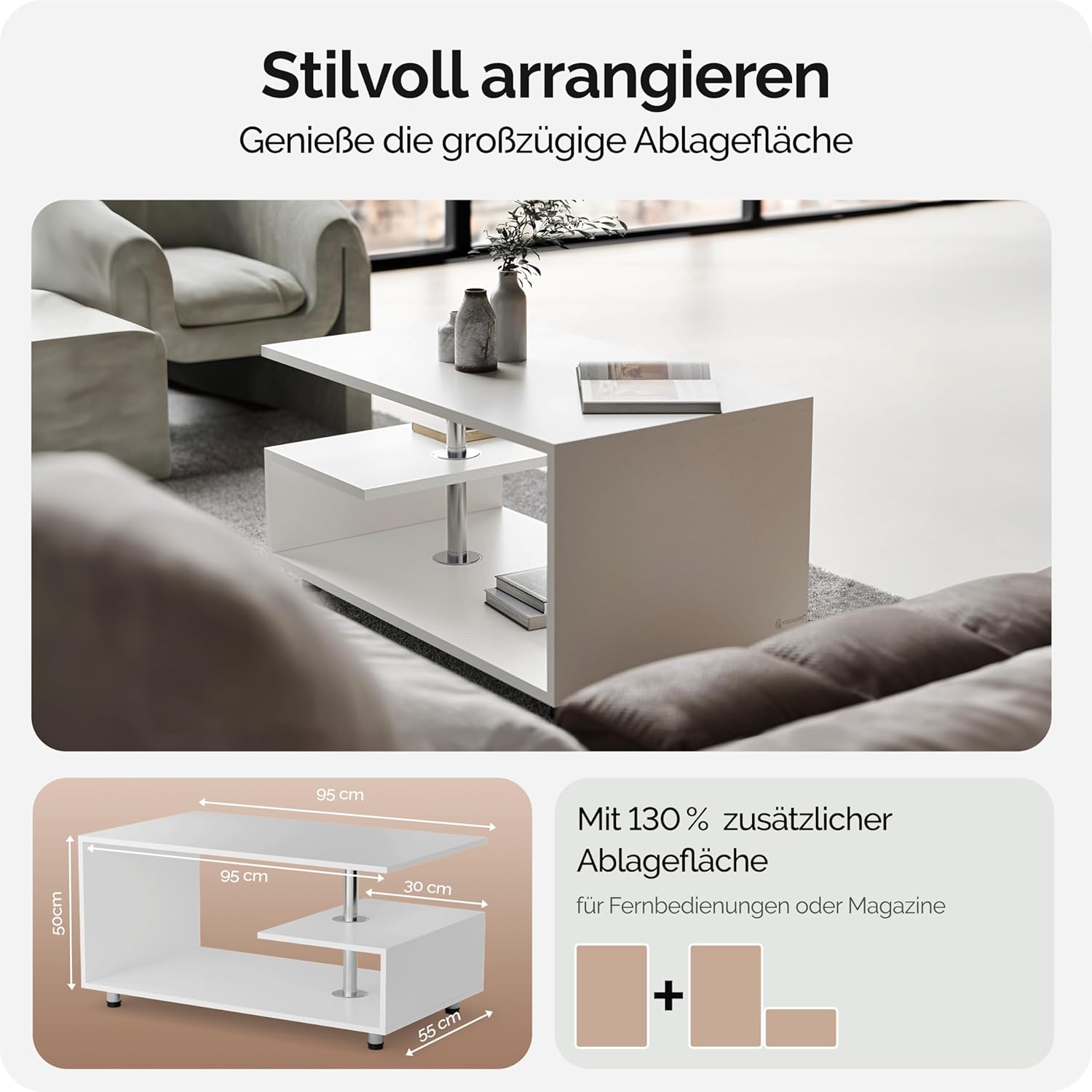 Casaria® Couchtisch Weiß Holz mit Stauraum 95x55cm Edelstahl Füße Höhenverstellbar Ablage Modern Rechteckig Beistelltisch Wohnzimmer Couch Sofa Tisch — Ansicht 3