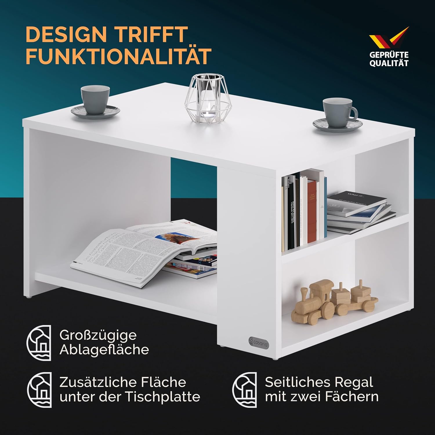 Casaria® Couchtisch Weiß Holz mit Stauraum Regal 2 Ablagen 90 x 60 x 50 cm Wohnzimmertisch Kratzfest 50 kg Belastbar Eckig Beistelltisch Sofa Couch — Ansicht 4