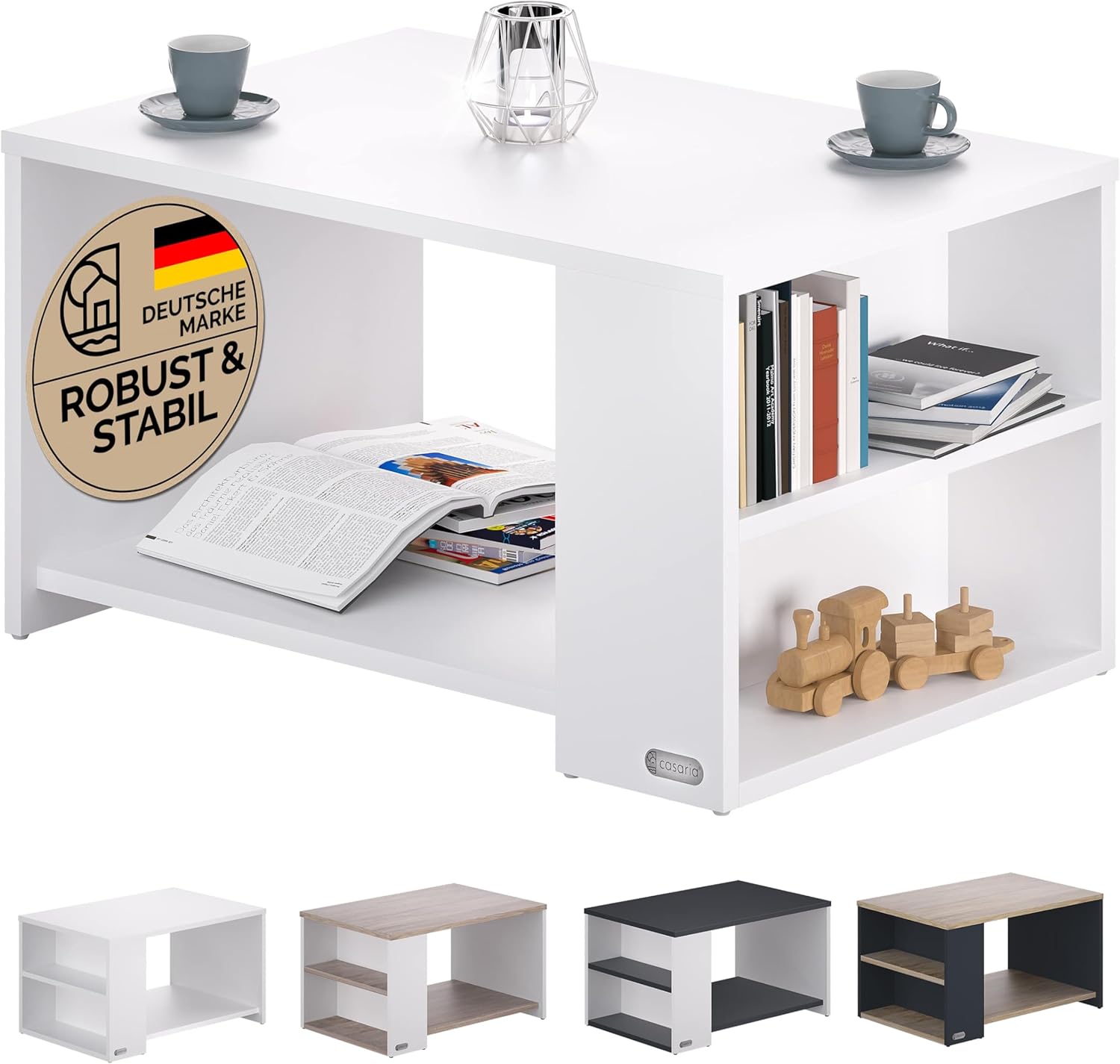 Casaria® Couchtisch Weiß Holz mit Stauraum Regal 2 Ablagen 90 x 60 x 50 cm Wohnzimmertisch Kratzfest 50 kg Belastbar Eckig Beistelltisch Sofa Couch