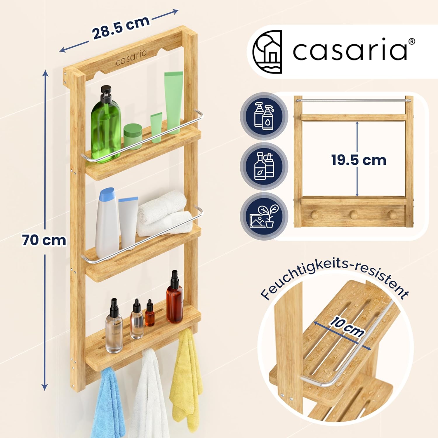 Casaria® Duschregal Zum Hängen 3 Ablagen 3 Haken 70x29x10cm Duschablage Hängend Badregal Bambus Holz Hängeregal für Dusche Bad Küche Regal — Ansicht 3