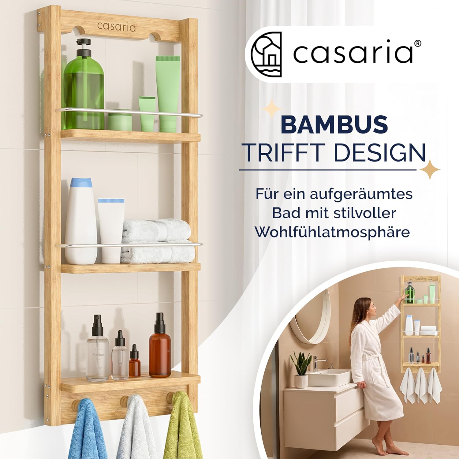 Casaria® Duschregal Zum Hängen 3 Ablagen 3 Haken 70x29x10cm Duschablage Hängend Badregal Bambus Holz Hängeregal für Dusche Bad Küche Regal — Ansicht 4