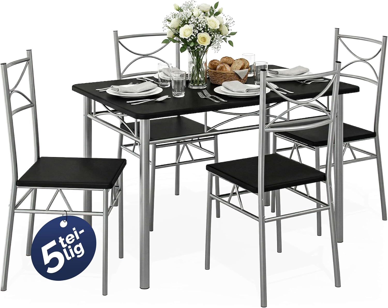 Casaria® Esstisch mit 4 Stühlen Holz 5-TLG Set Metall 110x70cm Industrial Esszimmer Küche Stühle Tisch Möbel Essgruppe Sitzgruppe Paul Schwarz