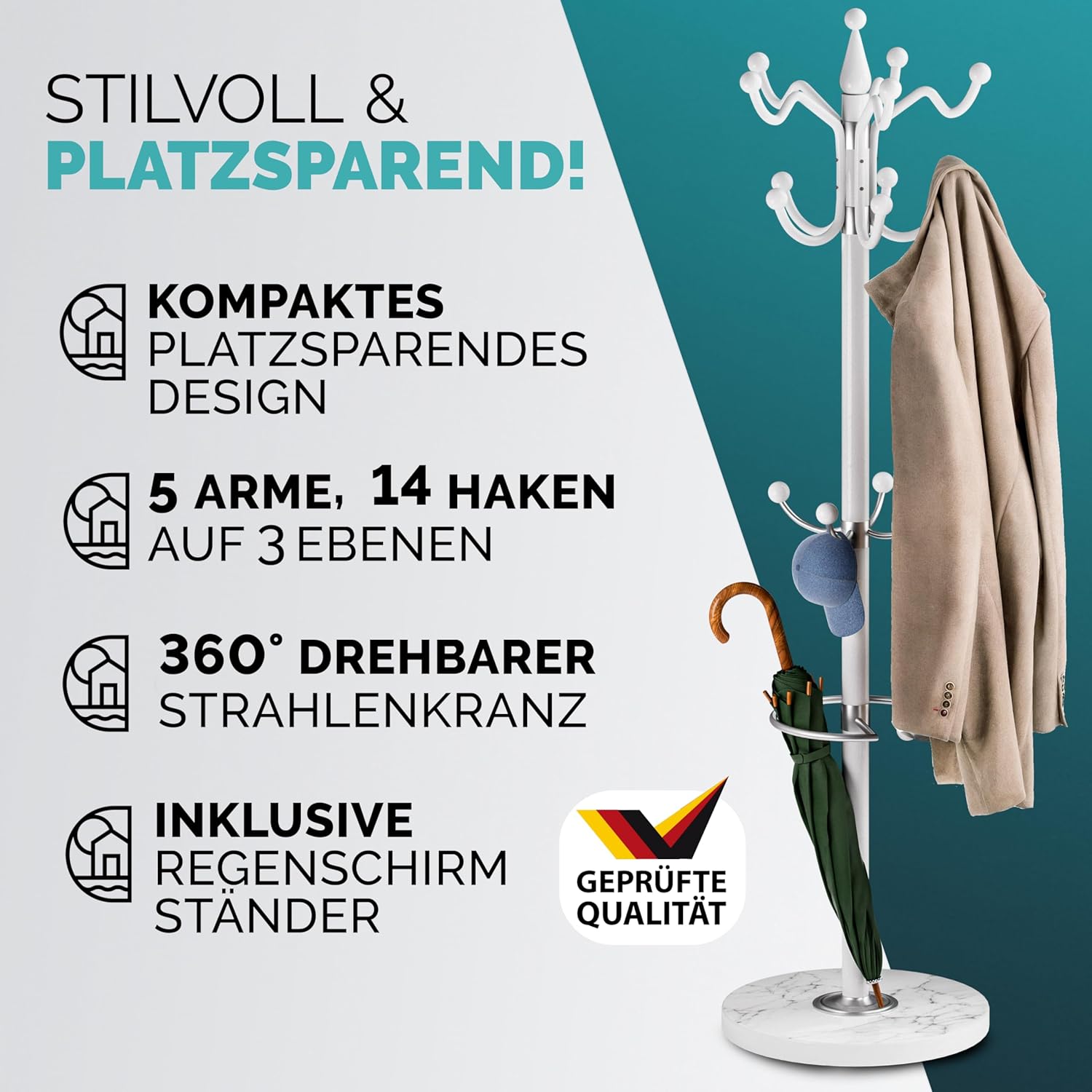 Casaria® Garderobenständer Marmorsockel Metall 14 Haken 360° Drehbar Stabil Modern 37x37x175cm Flur Büro Kleiderständer Kleiderstange Jackenständer Weiß — Ansicht 2