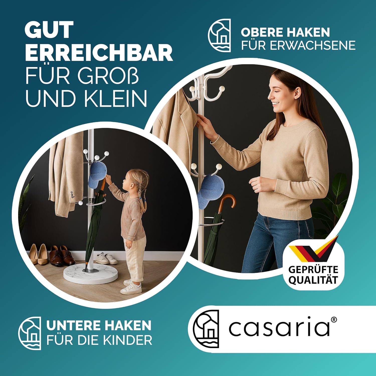 Casaria® Garderobenständer Marmorsockel Metall 14 Haken 360° Drehbar Stabil Modern 37x37x175cm Flur Büro Kleiderständer Kleiderstange Jackenständer Weiß — Ansicht 6
