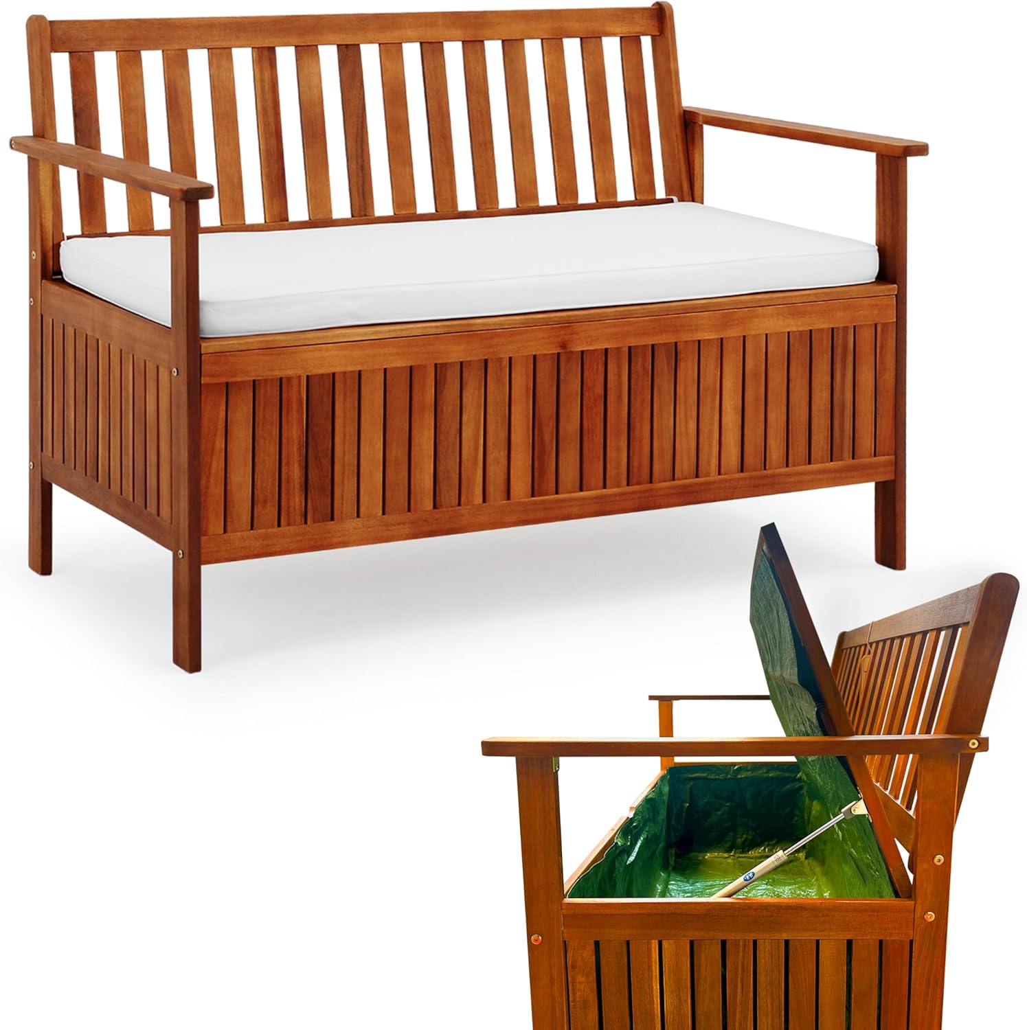Casaria® Gartenbank Gartenbox Wetterfest Holz 320kg Belastbarkeit Staufach Sitzauflage Regenplane Garten Balkon Sitzbank Parkbank 120x84cm Akazie — Ansicht 3