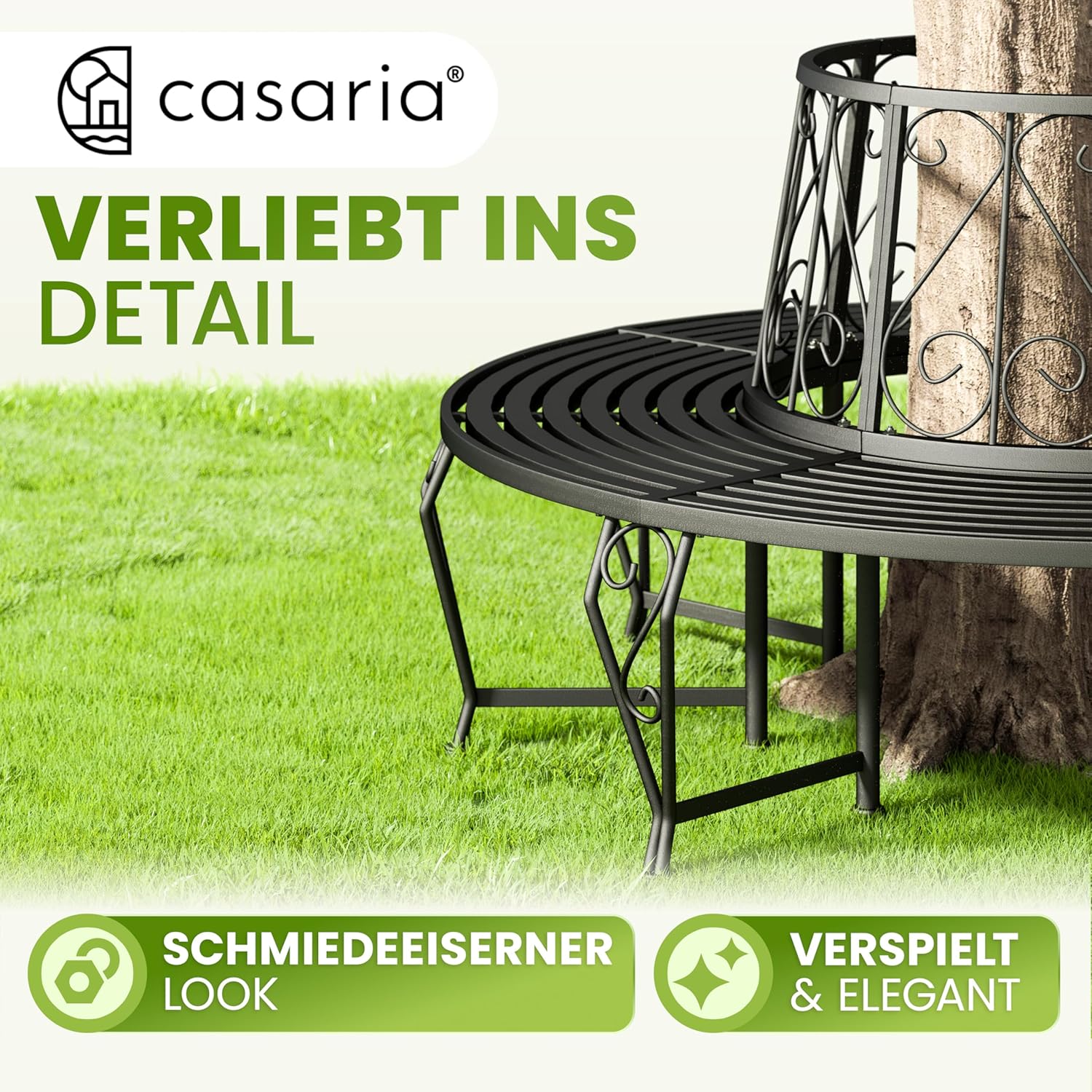 Casaria® Gartenbank Sitzbank Ø160cm Metall Pulverbeschichtet Wetterfest 320kg Belastbar Rundbank Fußschutz Garten Baum Bank Vintage Schwarz — Ansicht 4