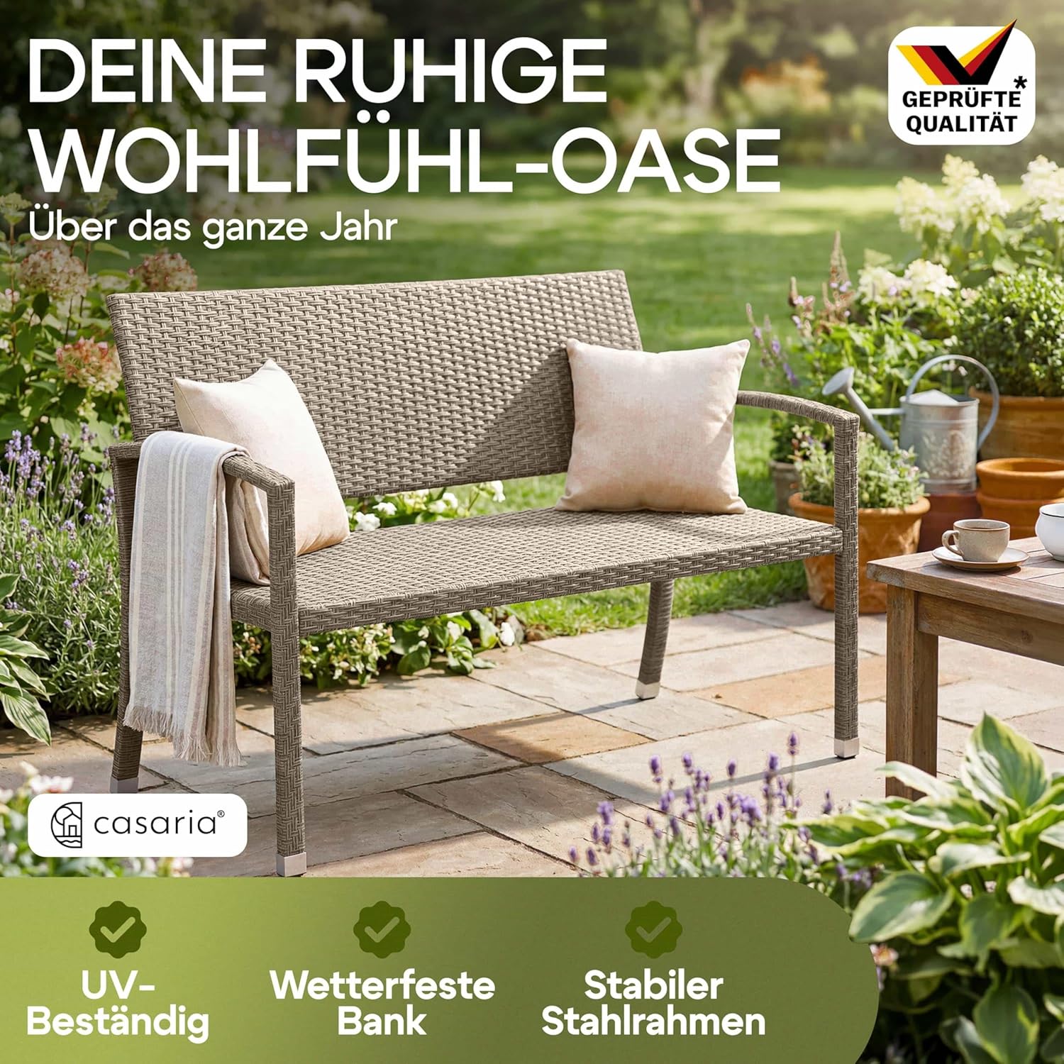 Casaria® Gartenbank Sitzbank Wetterfest Kunststoff 320kg Belastbarkeit Rückenlehne 122x58cm Garten Balkon Terrasse Bank Ergonomisch Polyrattan Creme — Ansicht 3