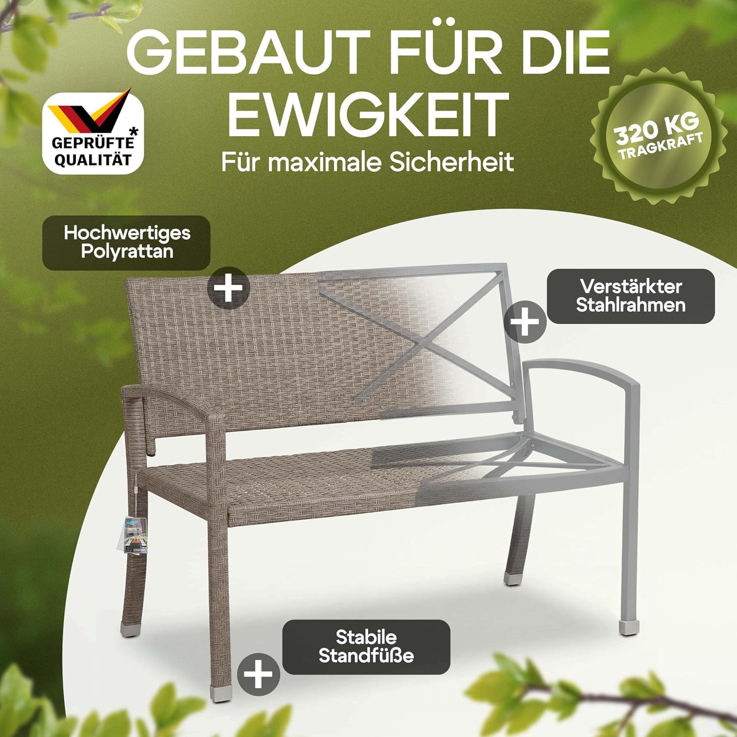 Casaria® Gartenbank Sitzbank Wetterfest Kunststoff 320kg Belastbarkeit Rückenlehne 122x58cm Garten Balkon Terrasse Bank Ergonomisch Polyrattan Creme — Ansicht 4