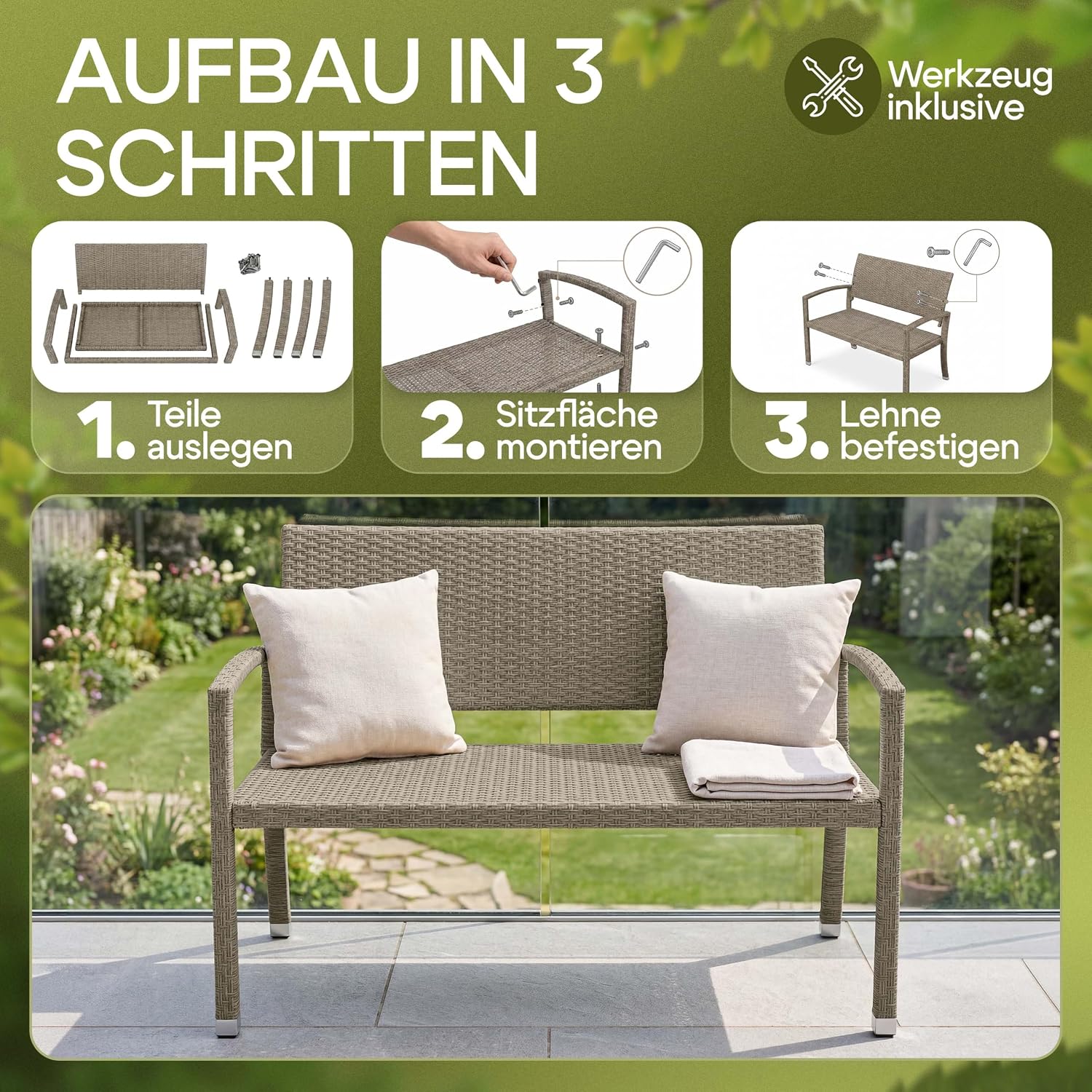 Casaria® Gartenbank Sitzbank Wetterfest Kunststoff 320kg Belastbarkeit Rückenlehne 122x58cm Garten Balkon Terrasse Bank Ergonomisch Polyrattan Creme — Ansicht 5