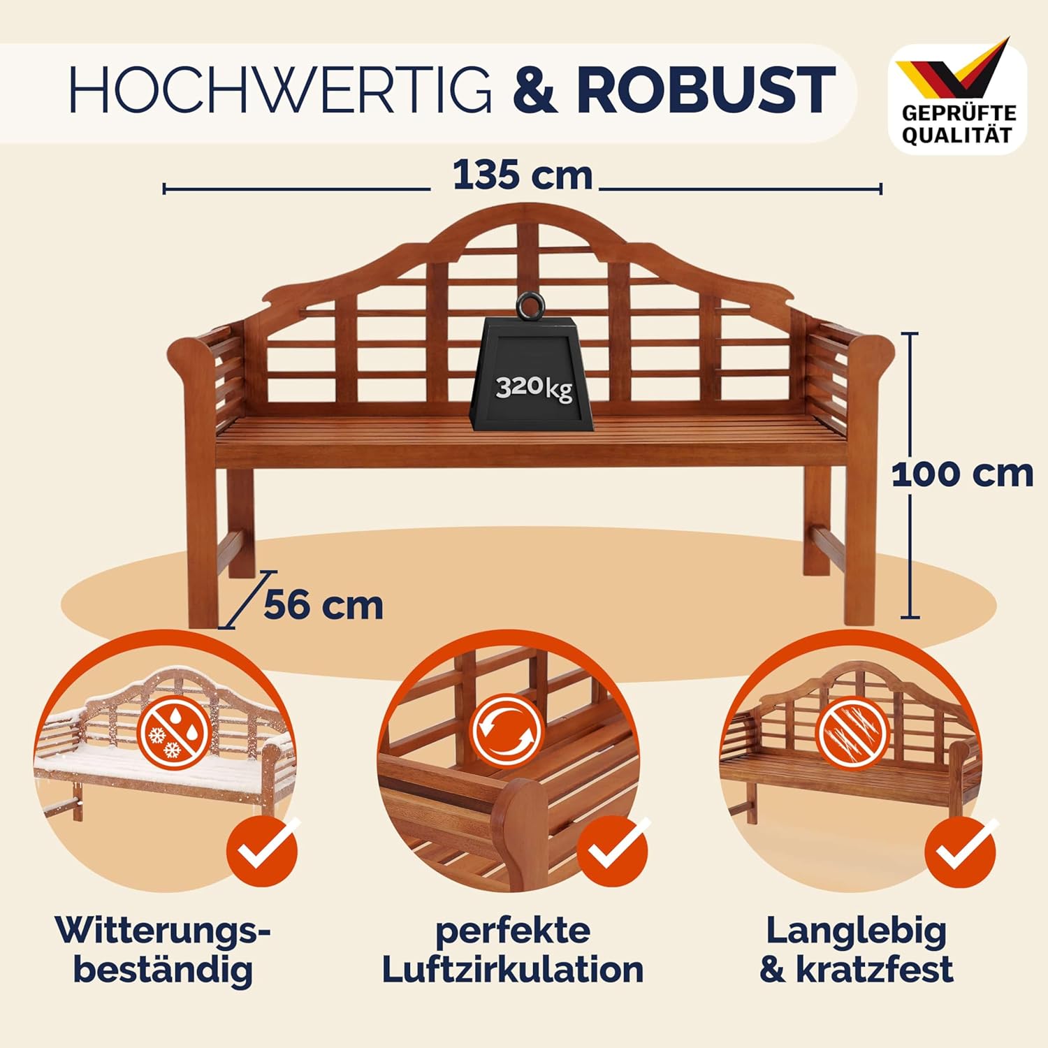 Casaria® Gartenbank Wetterfest Holz FSC®-Zertifiziert 320kg Belastbar 2-Sitzer Armlehne Rückenlehne 135x56cm Garten Balkon Holzbank Eukalyptus Braun — Ansicht 3