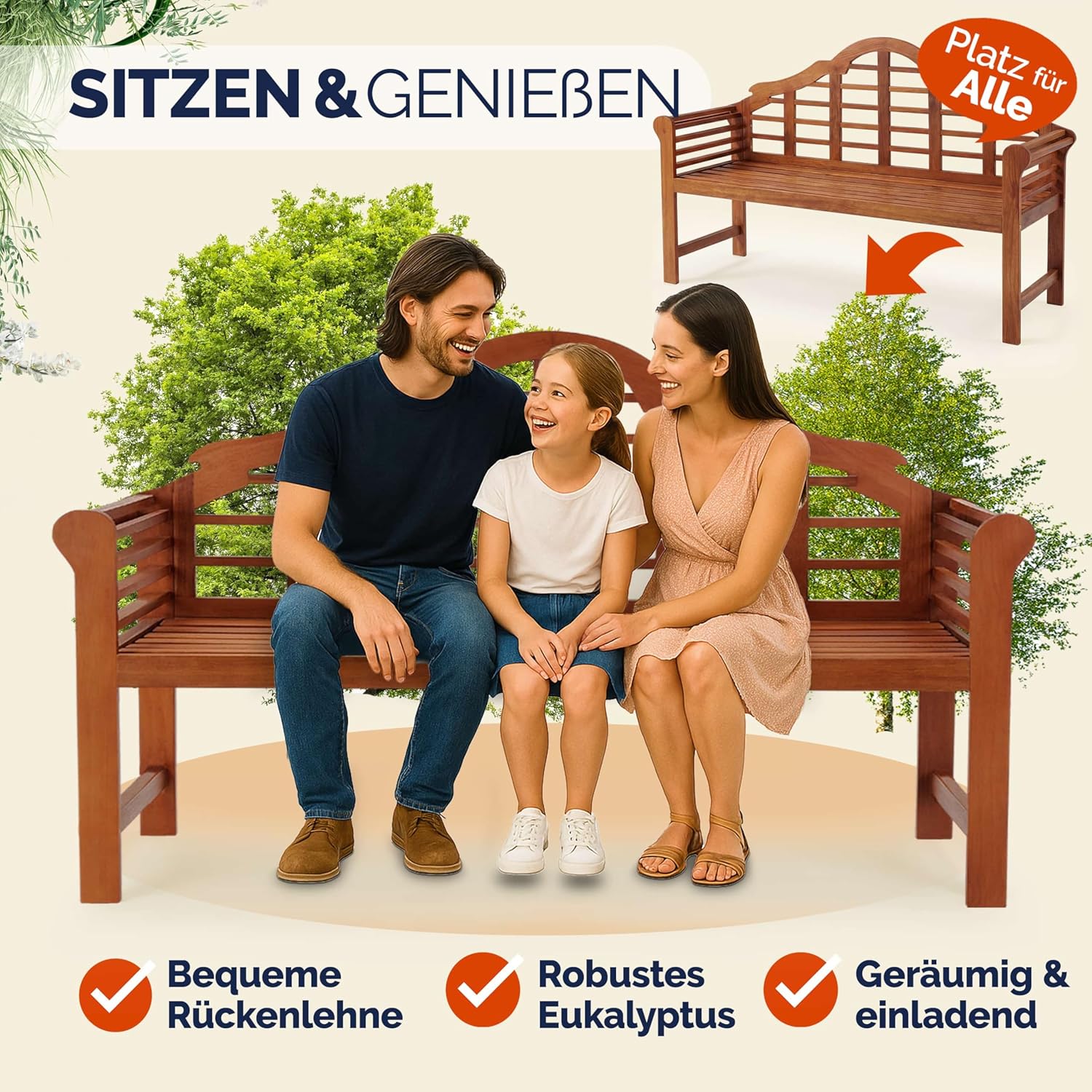 Casaria® Gartenbank Wetterfest Holz FSC®-Zertifiziert 320kg Belastbar 2-Sitzer Armlehne Rückenlehne 135x56cm Garten Balkon Holzbank Eukalyptus Braun — Ansicht 4