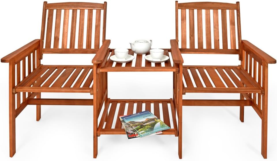Casaria® Gartenbank Wetterfest Holz mit Tisch 2 Sitzer Holzbank 320kg Belastbar Akazie Outdoor Balkon Bank Massiv 164x63cm Sitzbank Garten Armlehnen Natur — Ansicht 3
