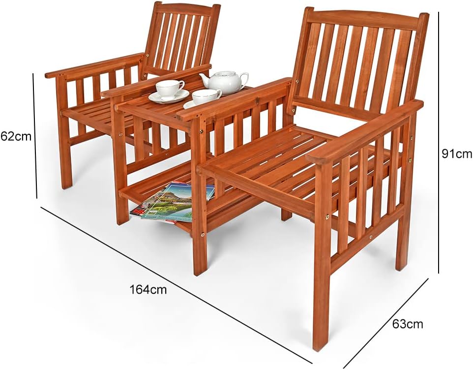Casaria® Gartenbank Wetterfest Holz mit Tisch 2 Sitzer Holzbank 320kg Belastbar Akazie Outdoor Balkon Bank Massiv 164x63cm Sitzbank Garten Armlehnen Natur — Ansicht 4