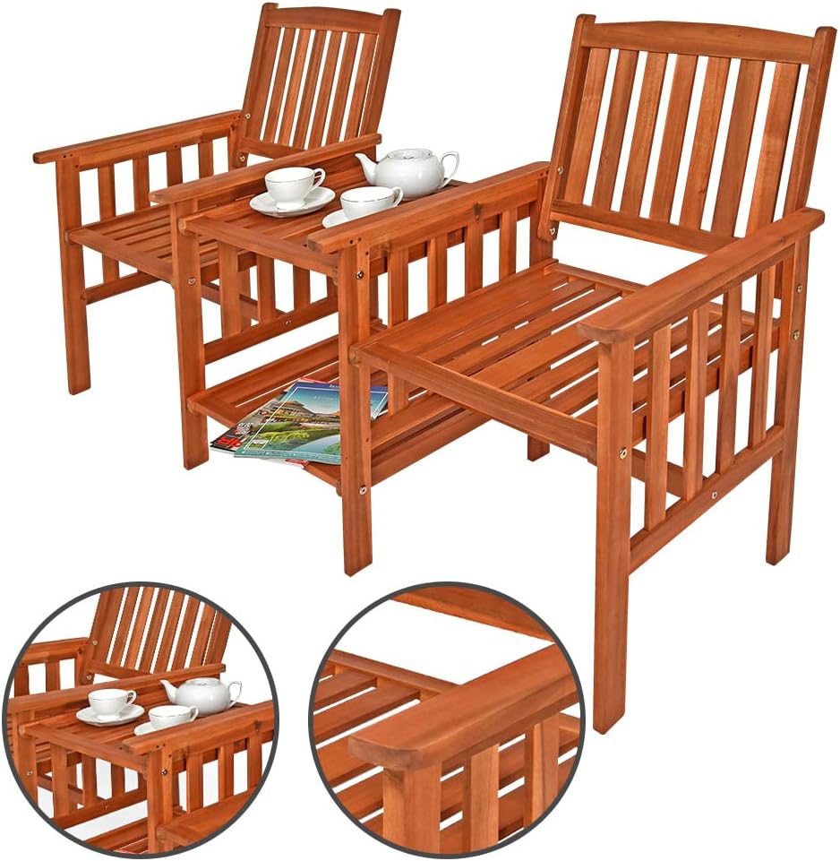 Casaria® Gartenbank Wetterfest Holz mit Tisch 2 Sitzer Holzbank 320kg Belastbar Akazie Outdoor Balkon Bank Massiv 164x63cm Sitzbank Garten Armlehnen Natur — Ansicht 5