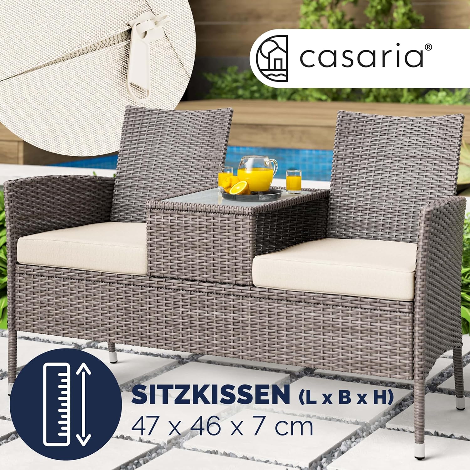 Casaria® Gartenbank Wetterfest Polyrattan Tisch Auflagen 320kg Belastbarkeit UV-beständig Garten Balkon Bank Möbel Sitzbank 2-Sitzer 143x55x88cm Creme — Ansicht 5