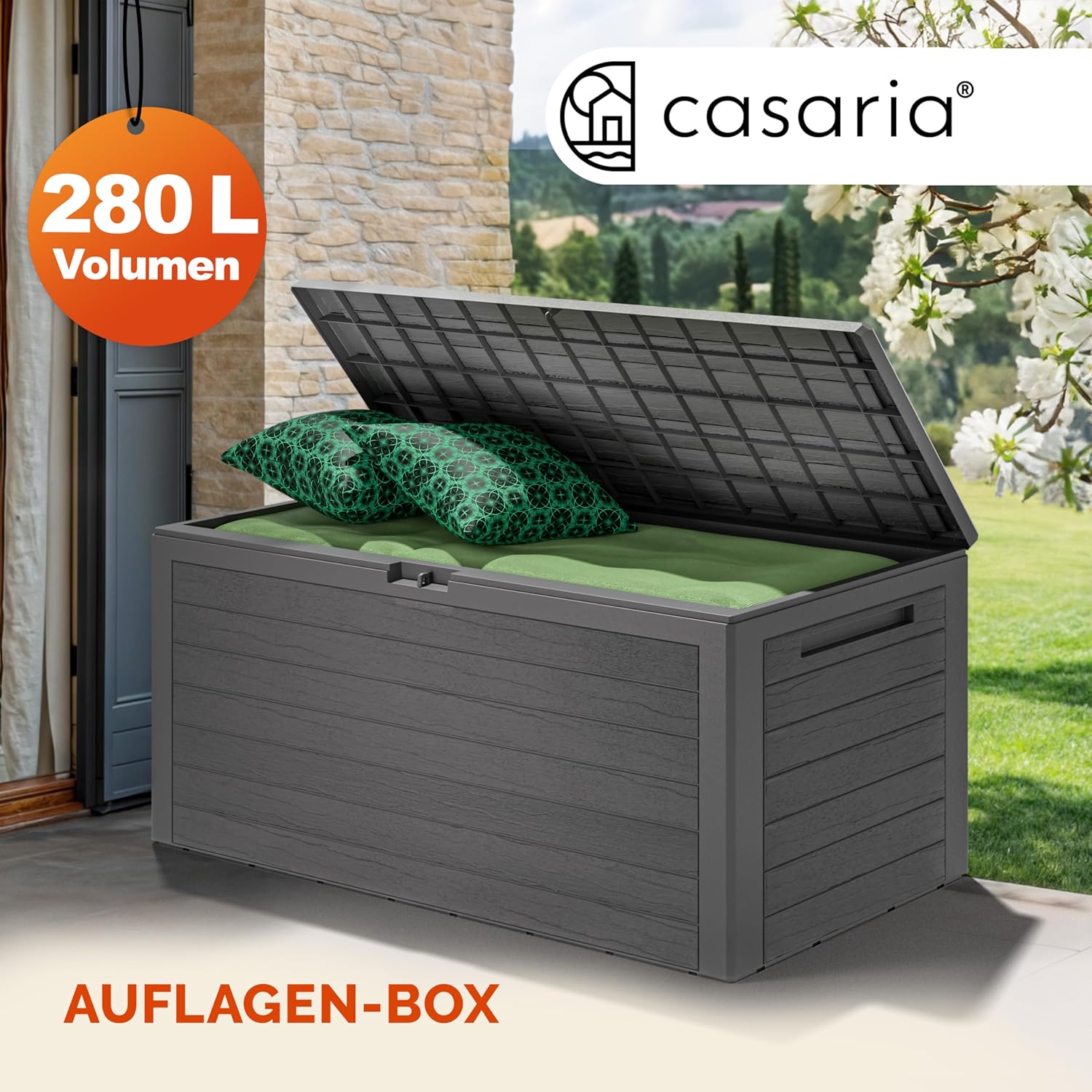 Casaria® Gartenbox 280L UV-beständig Griffmulden Verschlussvorrichtung Balkon Terrasse Wohnzimmer Wintergarten Box Kissenbox 116x43cm Holz-Optik Grau — Ansicht 2