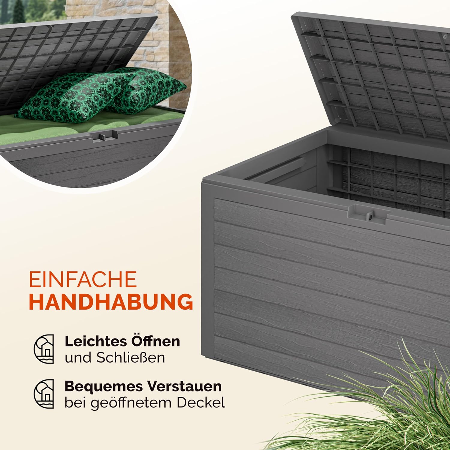 Casaria® Gartenbox 280L UV-beständig Griffmulden Verschlussvorrichtung Balkon Terrasse Wohnzimmer Wintergarten Box Kissenbox 116x43cm Holz-Optik Grau — Ansicht 5