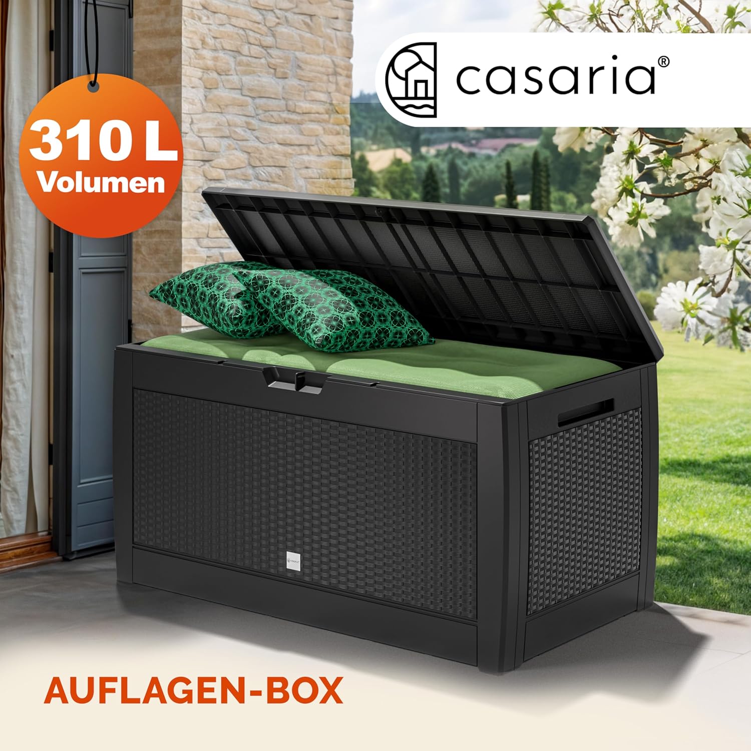 Casaria® Gartenbox Anthrazit UV-beständig 310L Haltegriffe Rollen Terrasse Balkon Wohnzimmer Wintergarten Truhe Auflagenbox 119x48cm Rattan-Optik — Ansicht 2