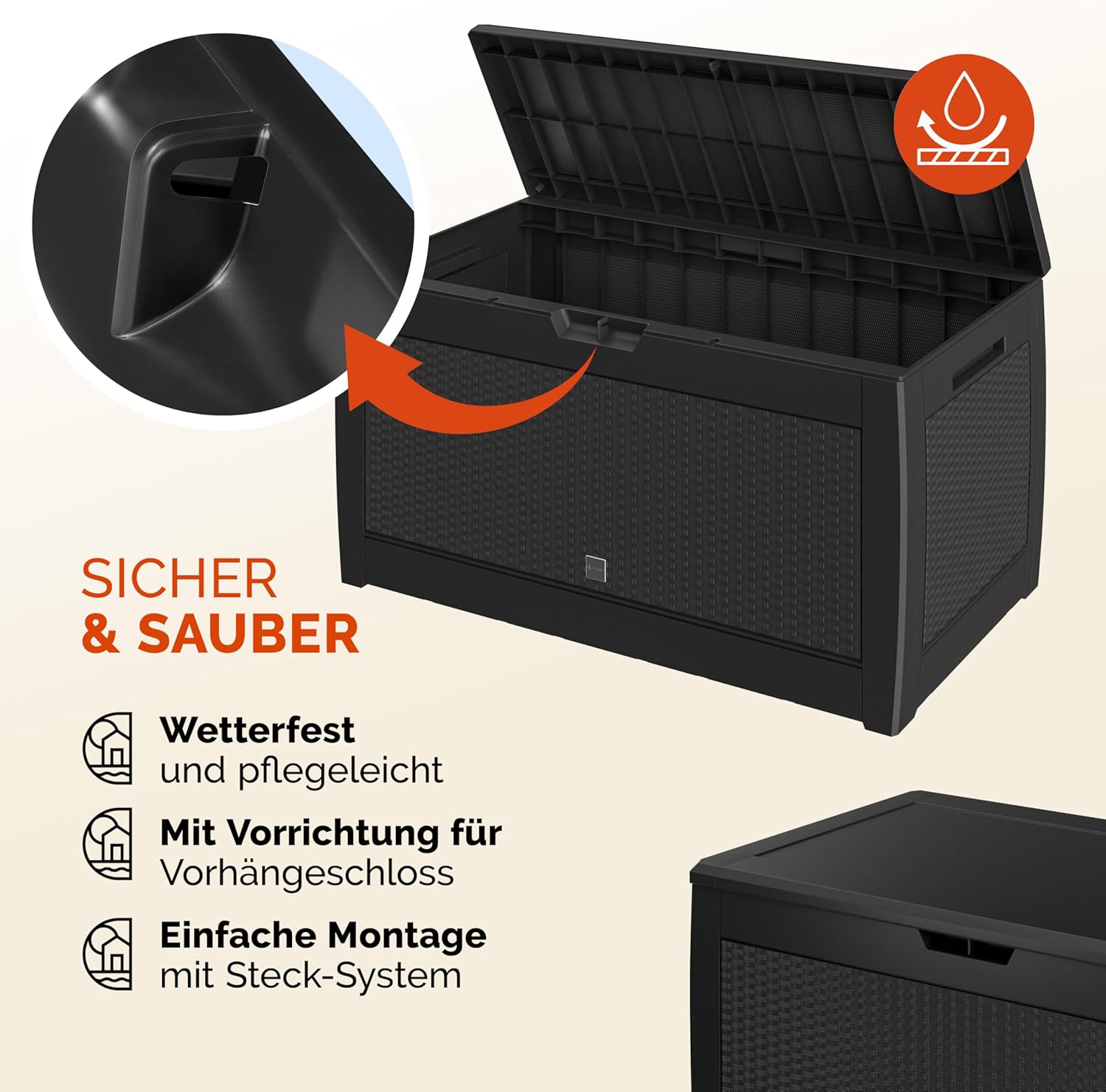 Casaria® Gartenbox Anthrazit UV-beständig 310L Haltegriffe Rollen Terrasse Balkon Wohnzimmer Wintergarten Truhe Auflagenbox 119x48cm Rattan-Optik — Ansicht 3