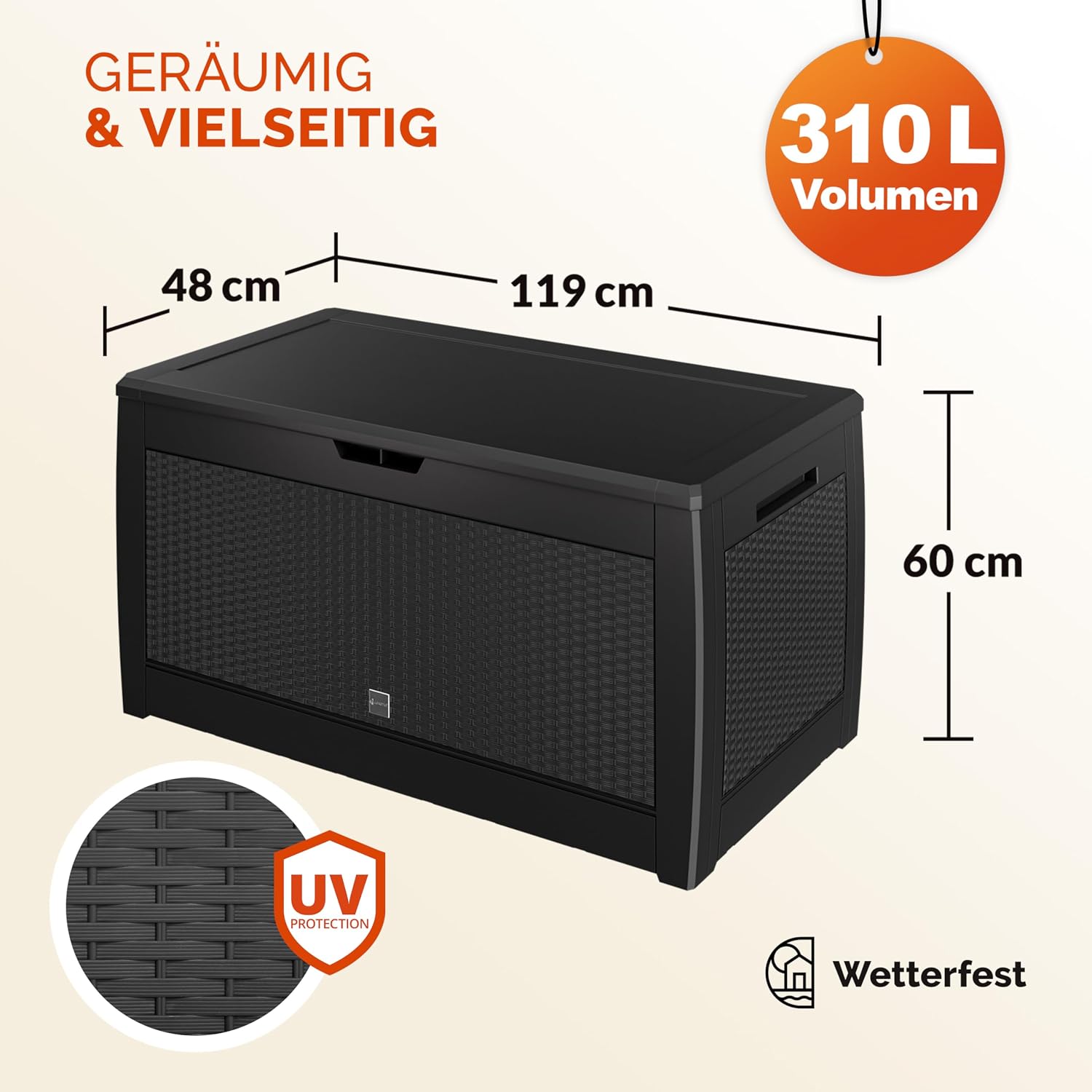 Casaria® Gartenbox Anthrazit UV-beständig 310L Haltegriffe Rollen Terrasse Balkon Wohnzimmer Wintergarten Truhe Auflagenbox 119x48cm Rattan-Optik — Ansicht 6