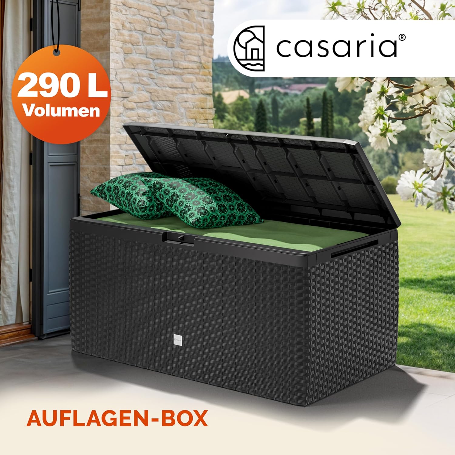 Casaria® Gartenbox Auflagenbox abschließbar Anthrazit 290L UV-beständig Haltegriffe Rollen Verschlussvorrichtung Balkon Garten Kissenbox Aufbewahrungsbox 114x47cm Wetterfest Korbgeflecht — Ansicht 2