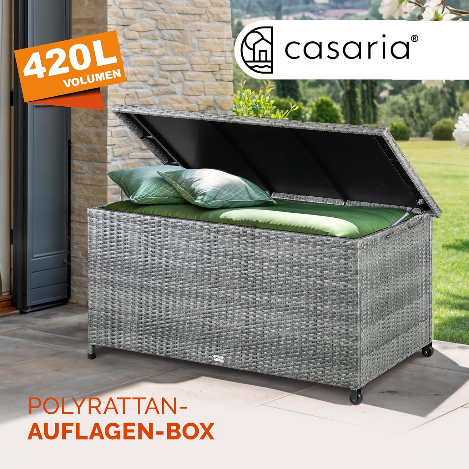 Casaria® Gartenbox Auflagenbox mit Rollen 270L Stauraum UV-beständig Handgriffe Gasdruckfeder Wetterfest 117x53cm Garten Balkon Aufbewahrungsbox Grau — Ansicht 2