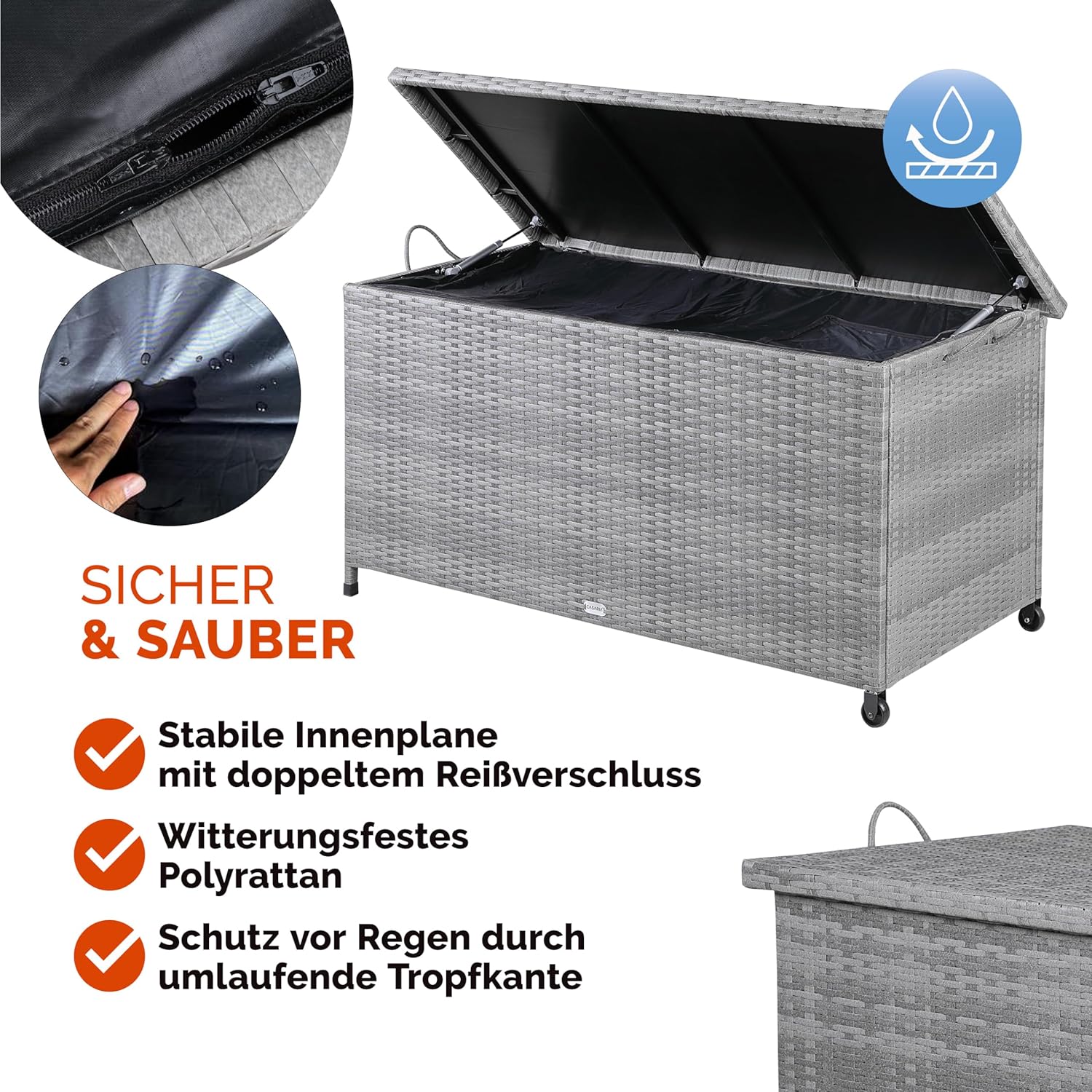 Casaria® Gartenbox Auflagenbox mit Rollen 270L Stauraum UV-beständig Handgriffe Gasdruckfeder Wetterfest 117x53cm Garten Balkon Aufbewahrungsbox Grau — Ansicht 3