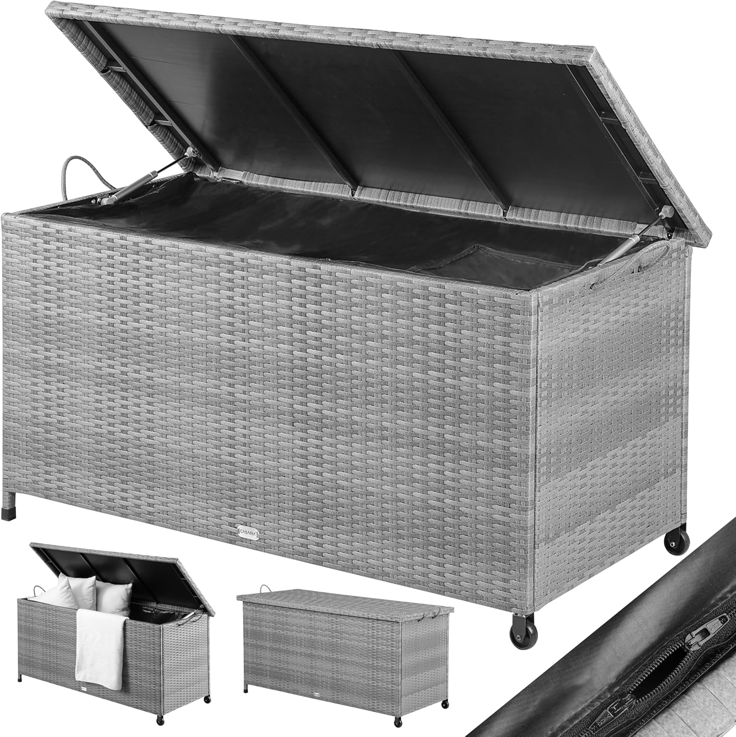 Casaria® Gartenbox Auflagenbox mit Rollen 270L Stauraum UV-beständig Handgriffe Gasdruckfeder Wetterfest 117x53cm Garten Balkon Aufbewahrungsbox Grau