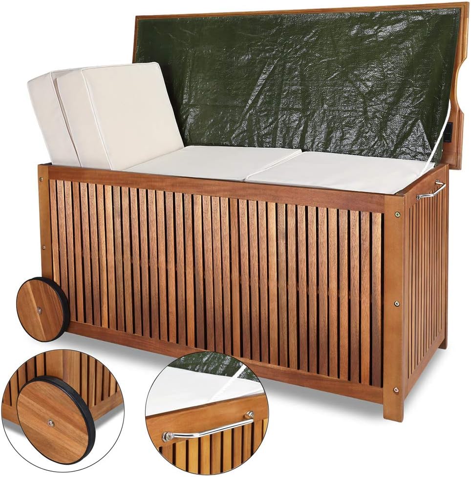 Casaria® Gartenbox Holz 350L Deckel 160kg belastbar Räder Griff Innenplane Ablaufkante Garten Stauraum Box Auflagenbox Akazie Wetterfest 117x52cm — Ansicht 3