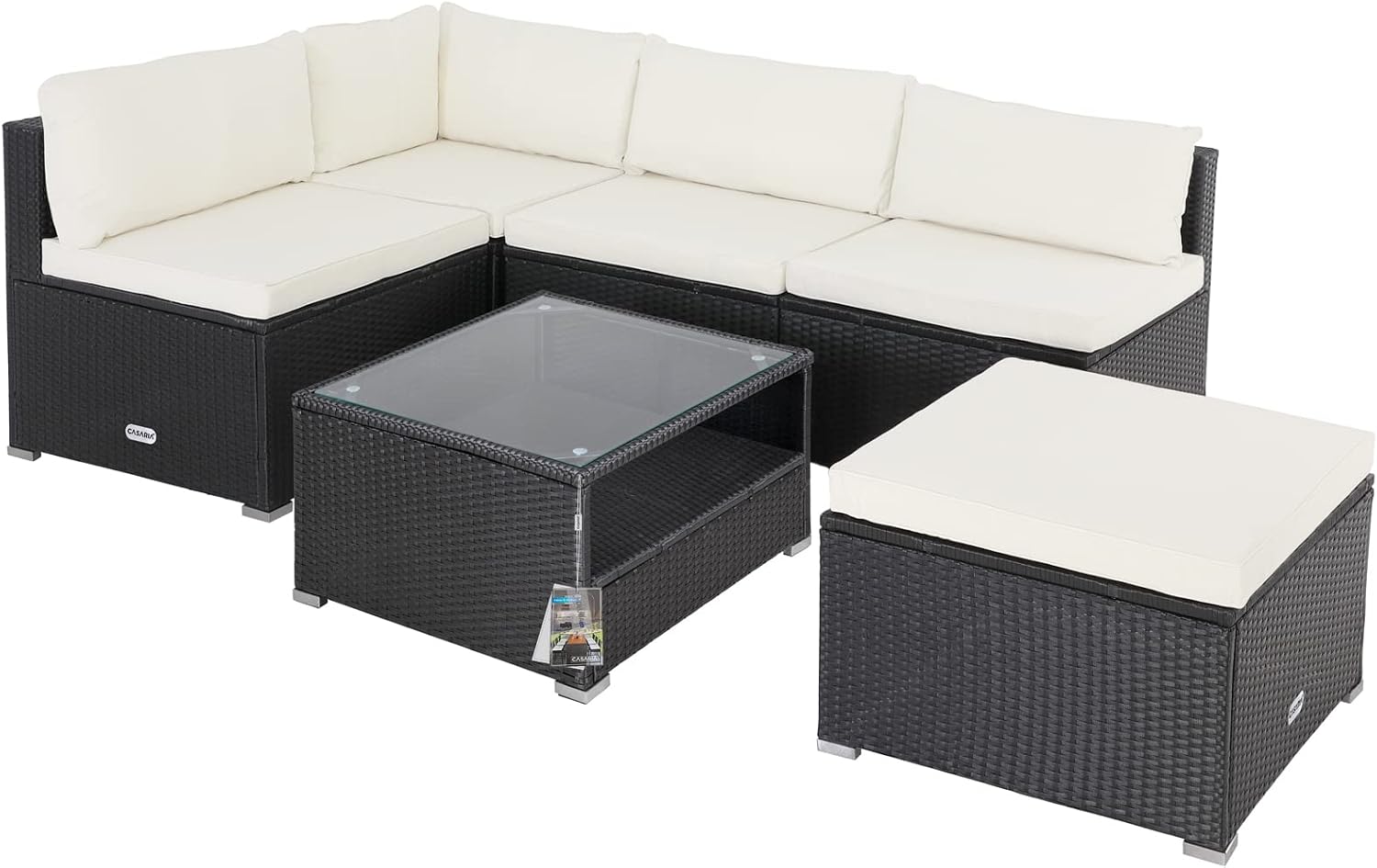 Casaria® Gartenmöbel Lounge Set Wetterfest 5 Personen Polyrattan Sicherheitsglas Tisch Outdoor Sitzkissen Terrassenmöbel Eck Sofa Schwarz Creme