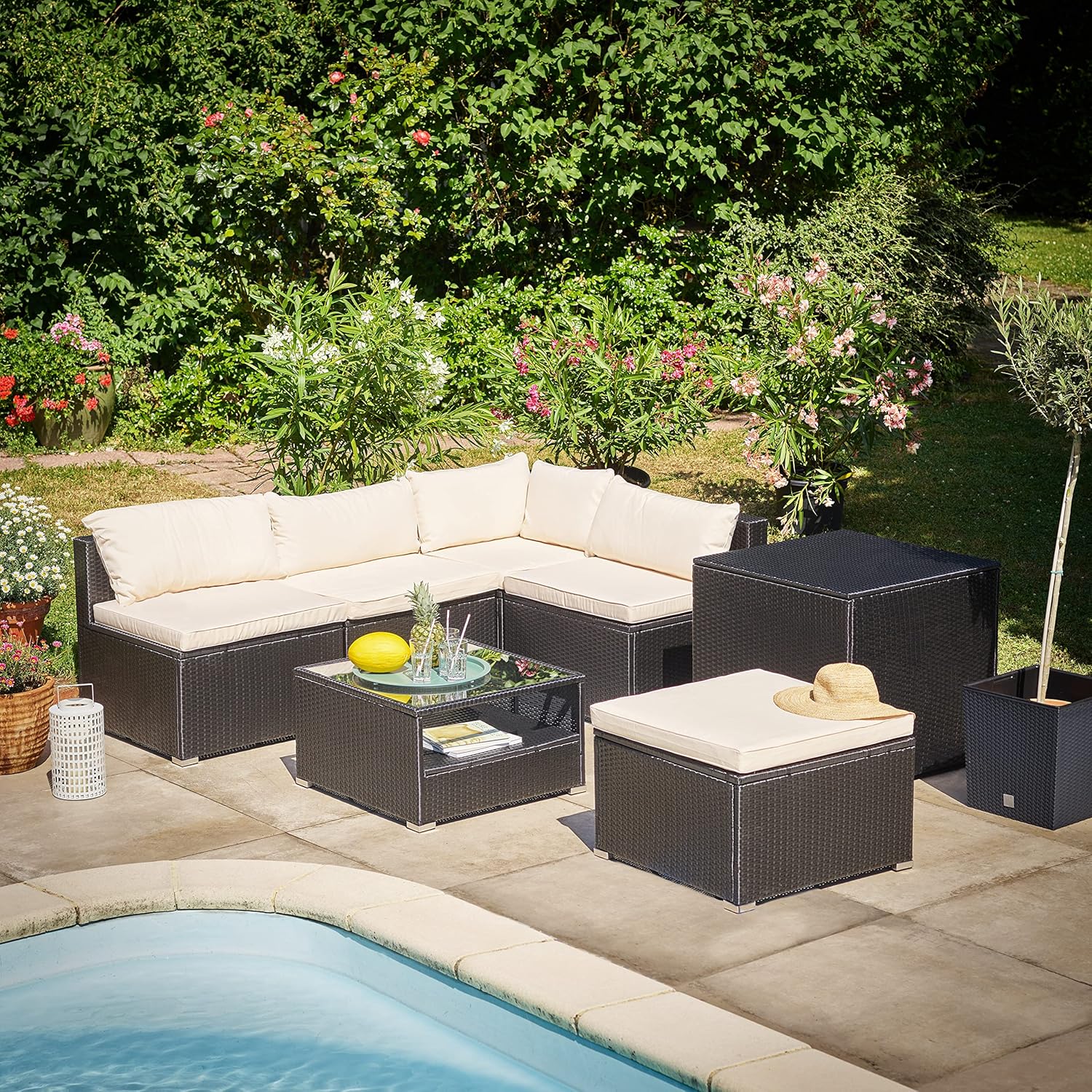 Casaria® Gartenmöbel Lounge Set Wetterfest 5 Personen Polyrattan Sicherheitsglas Tisch Outdoor Sitzkissen Terrassenmöbel Eck Sofa Schwarz Creme — Ansicht 4