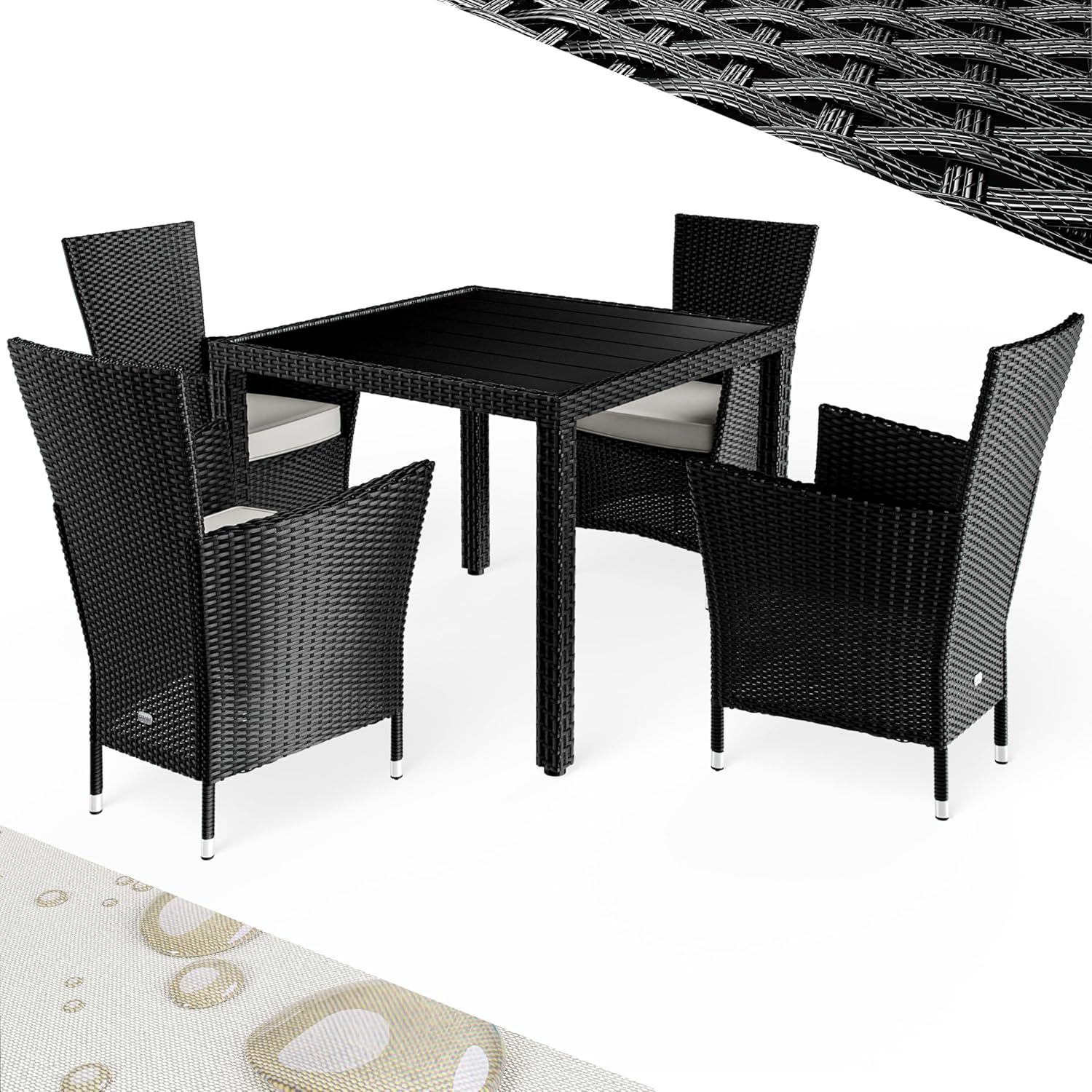 Casaria® Gartenmöbel Polyrattan 4 Stühle Stapelbar 90x90cm Tisch WPC Holz Wetterfest Outdoor Terrasse Balkon Sitzgruppe Essgruppe Garnitur Set Schwarz
