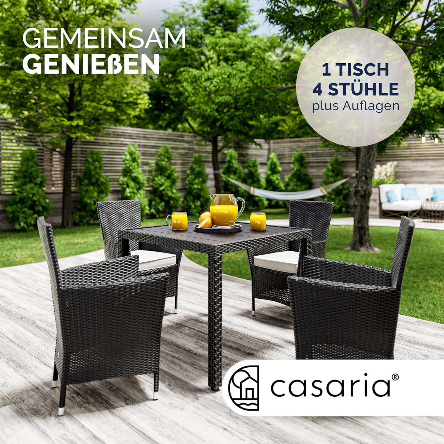 Casaria® Gartenmöbel Polyrattan 4 Stühle Stapelbar 90x90cm Tisch WPC Holz Wetterfest Outdoor Terrasse Balkon Sitzgruppe Essgruppe Garnitur Set Schwarz — Ansicht 2