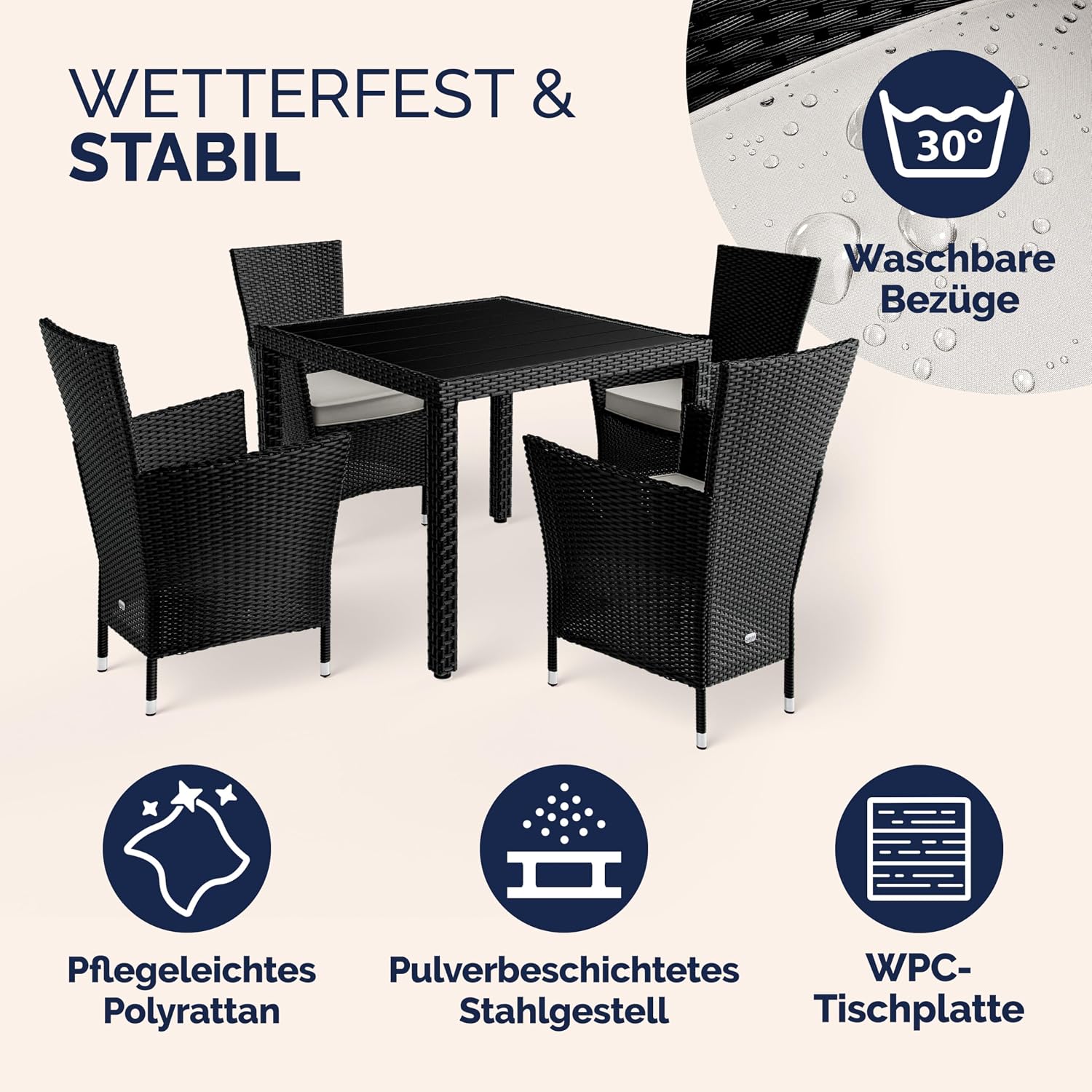 Casaria® Gartenmöbel Polyrattan 4 Stühle Stapelbar 90x90cm Tisch WPC Holz Wetterfest Outdoor Terrasse Balkon Sitzgruppe Essgruppe Garnitur Set Schwarz — Ansicht 3