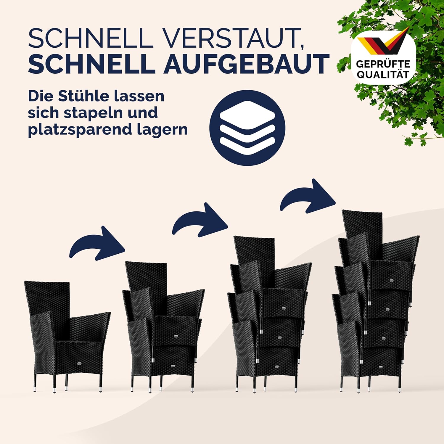 Casaria® Gartenmöbel Polyrattan 4 Stühle Stapelbar 90x90cm Tisch WPC Holz Wetterfest Outdoor Terrasse Balkon Sitzgruppe Essgruppe Garnitur Set Schwarz — Ansicht 6