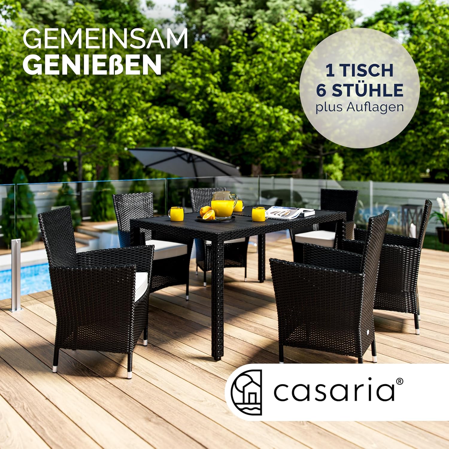 Casaria® Gartenmöbel Polyrattan 6 Stühle Stapelbar 150x90cm Gartentisch WPC Holz Wetterfest Outdoor Terrasse Sitzgruppe Essgruppe Garnitur Set Schwarz — Ansicht 2