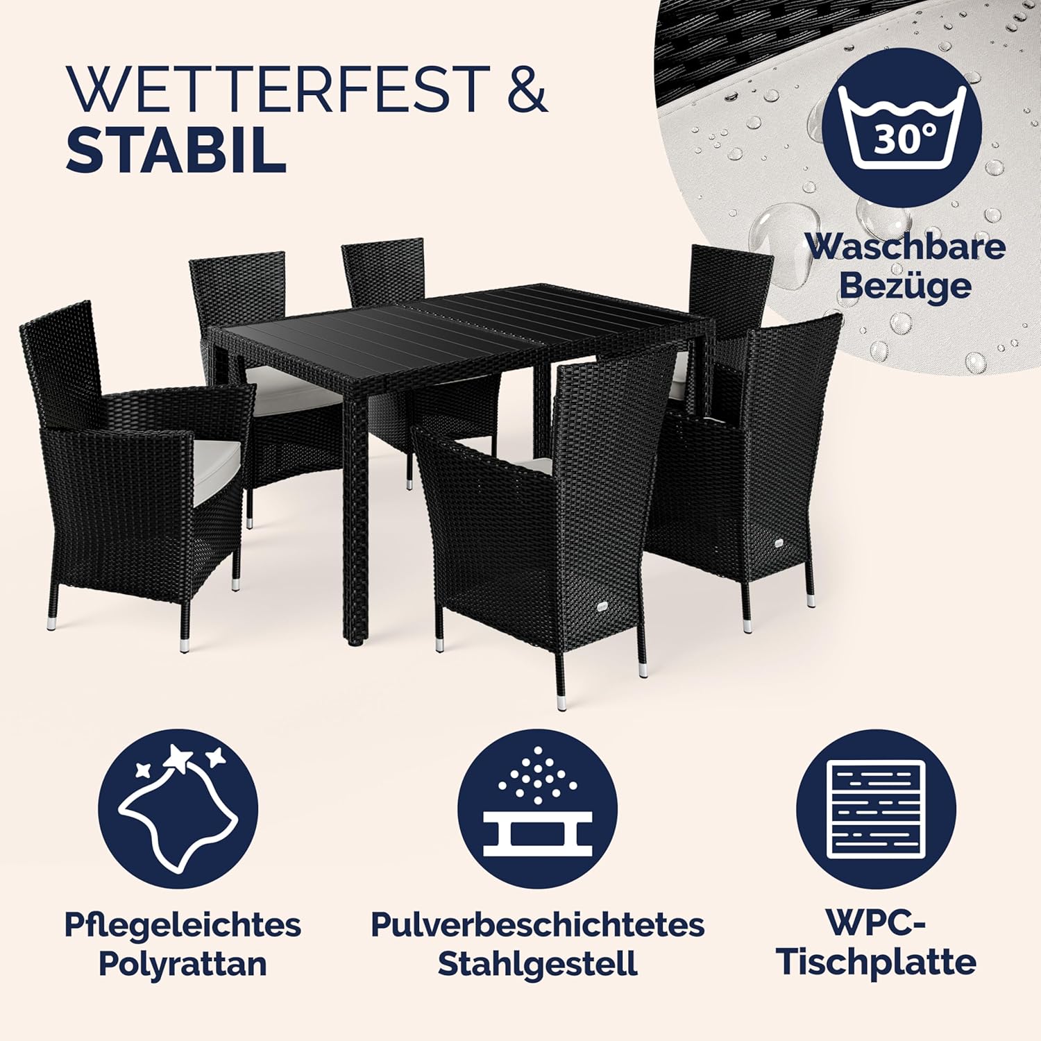 Casaria® Gartenmöbel Polyrattan 6 Stühle Stapelbar 150x90cm Gartentisch WPC Holz Wetterfest Outdoor Terrasse Sitzgruppe Essgruppe Garnitur Set Schwarz — Ansicht 3