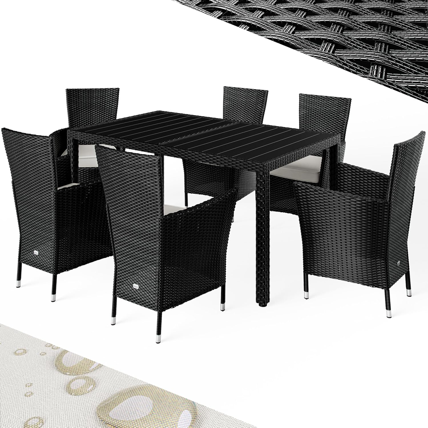 Casaria® Gartenmöbel Polyrattan 6 Stühle Stapelbar 150x90cm Gartentisch WPC Holz Wetterfest Outdoor Terrasse Sitzgruppe Essgruppe Garnitur Set Schwarz